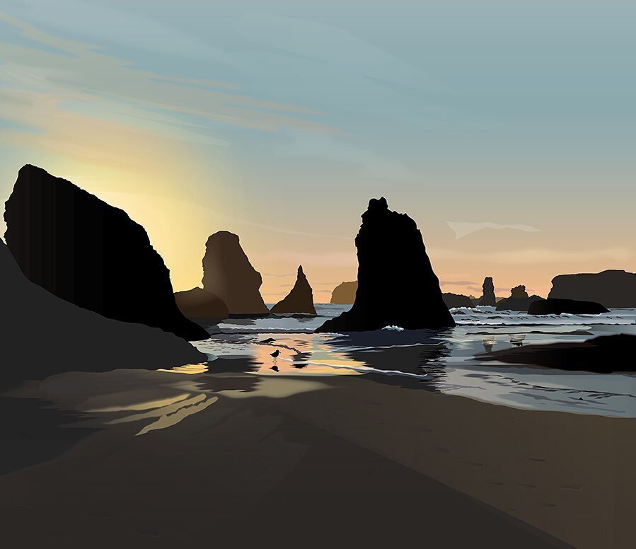 Well here&rsquo;s a little teaser. A new illustration that will be included in my 2024 calendar of beautiful Oregon and Washington (there might be one of Mt Lassen in California, but it&rsquo;s Northern Cali, so . . .). This one is the sun setting be