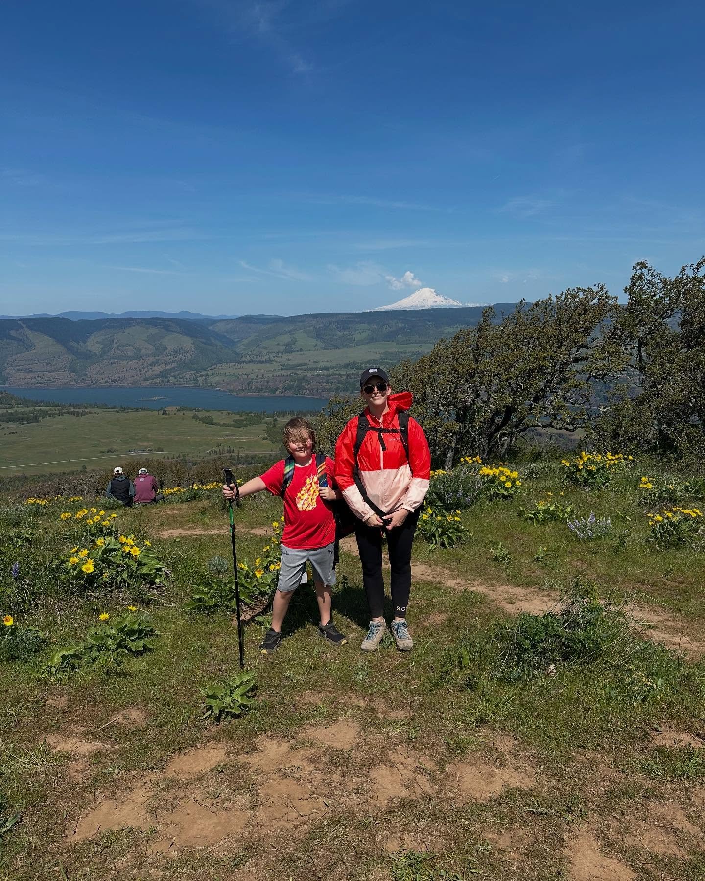 Glorious day in the Columbia River Gorge. Made all the more glorious thanks to my hiking buddies, favorite daughter and great-nephew Owen the hiker. Yes it was windy! Very! 

Mt. Adams is to the north across the river and Mt. Hood seen to the west at