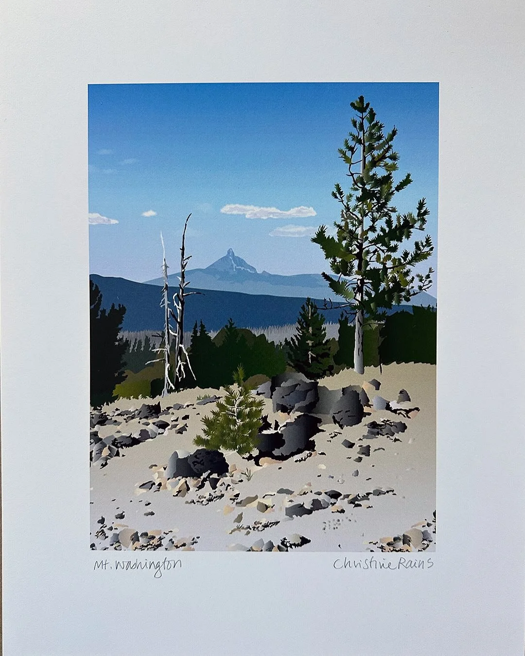 Hello. Here&rsquo;s my newest illustration and some pics from the hike that inspired it. This is Mt. Washington from the North Matthieu Lake Trail not far from Sisters. The mountain in the other photo by the lake is South Sister. The row of gray tree