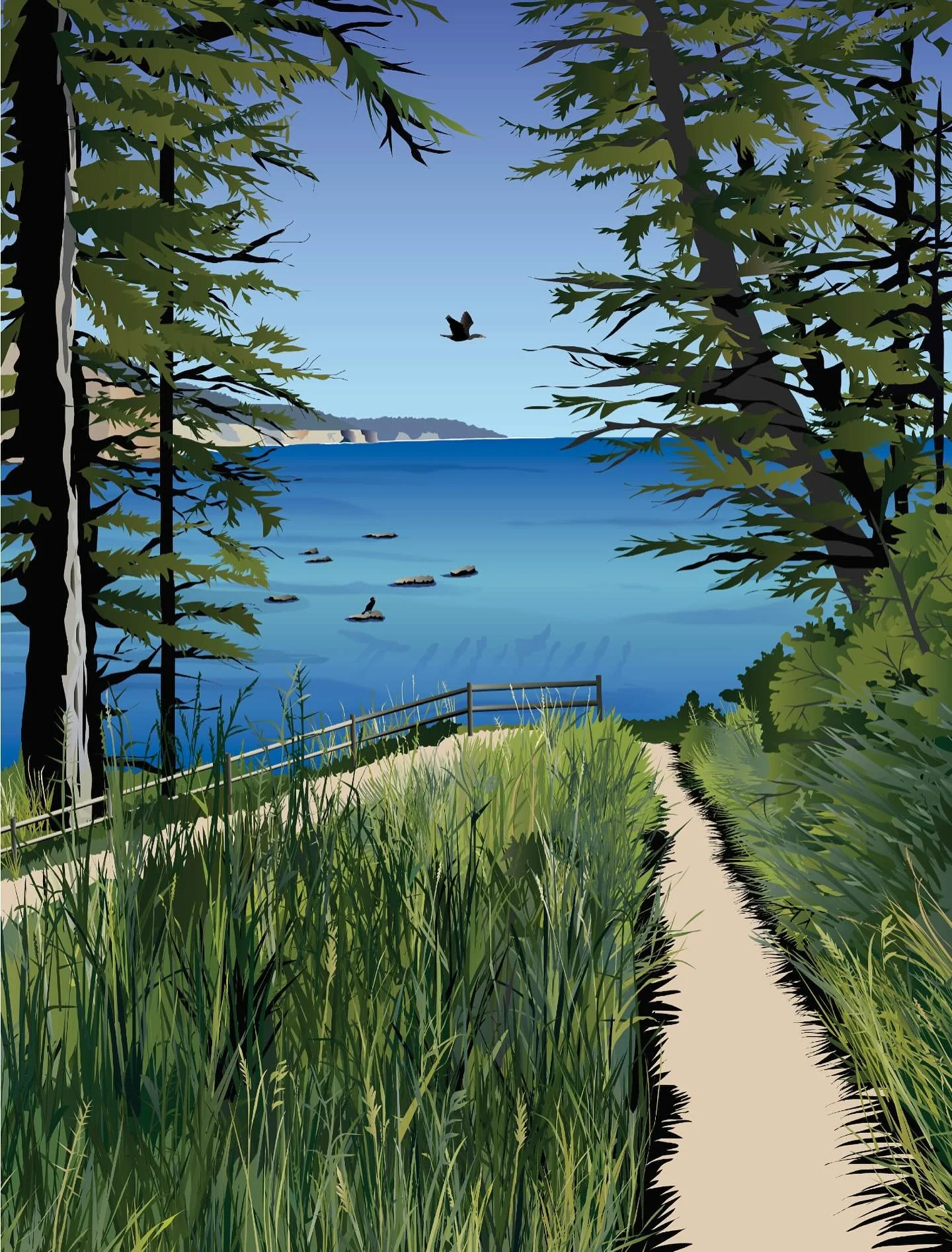 April illustration! It&rsquo;s the trail to the south cove at Cape Arago State Park in Southern Oregon. I liked this one so much it&rsquo;s the cover of my 2026 calendar. 

You can order it on my website, links in my bio or MyURLs. 

It includes twel
