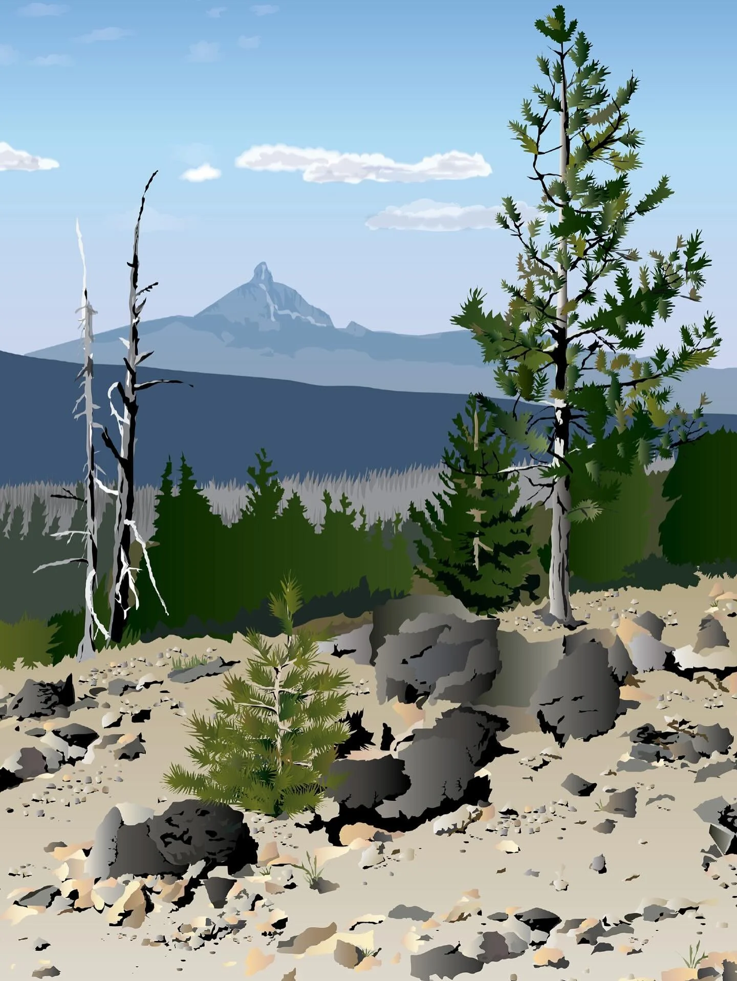 Here&rsquo;s the illustration for the month of May in my super cool 2026 calendar. Thats Mt. Washington in the background, all that&rsquo;s left is the volcanic plug so it&rsquo;s not a big ol&rsquo; mountain like Hood. But it gets snow and has its o