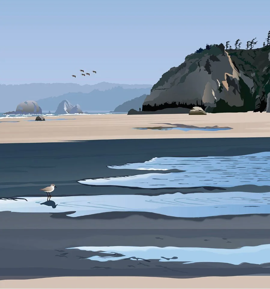 June calendar illustration. This is low tide at Hug Point on the Oregon Coast. The figure on the rocks in the background is walking on what was the highway north and south along the coast before one was built inland. In the olden days, travelers had 