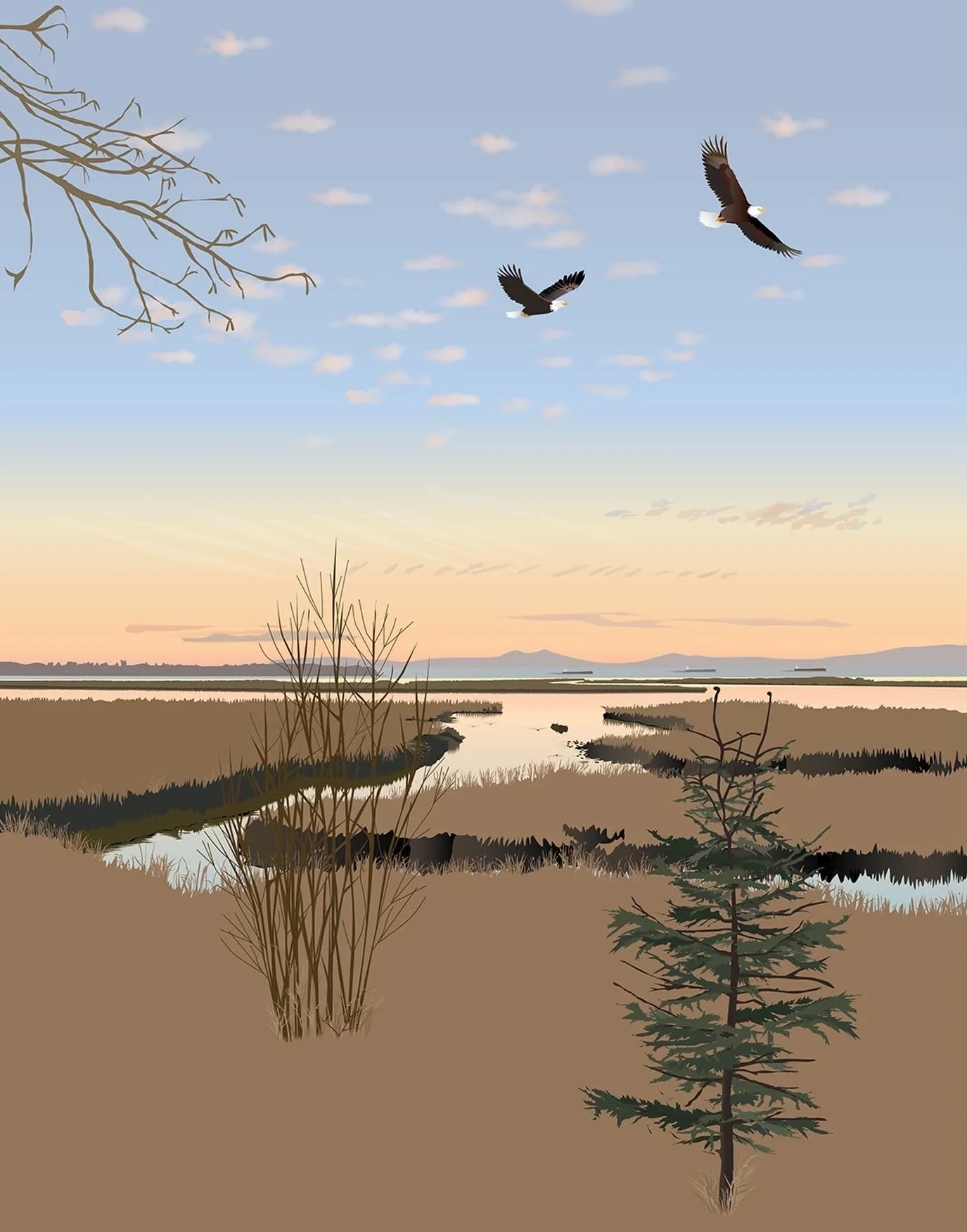 Beautiful new illustration from moi, the Twilight Eagle Sanctuary is on the lower Columbia River. We always stop on our way home from Astoria (and yummy fish and chips) but honestly we&rsquo;ve never seen any eagles here! I had to find an eagle photo