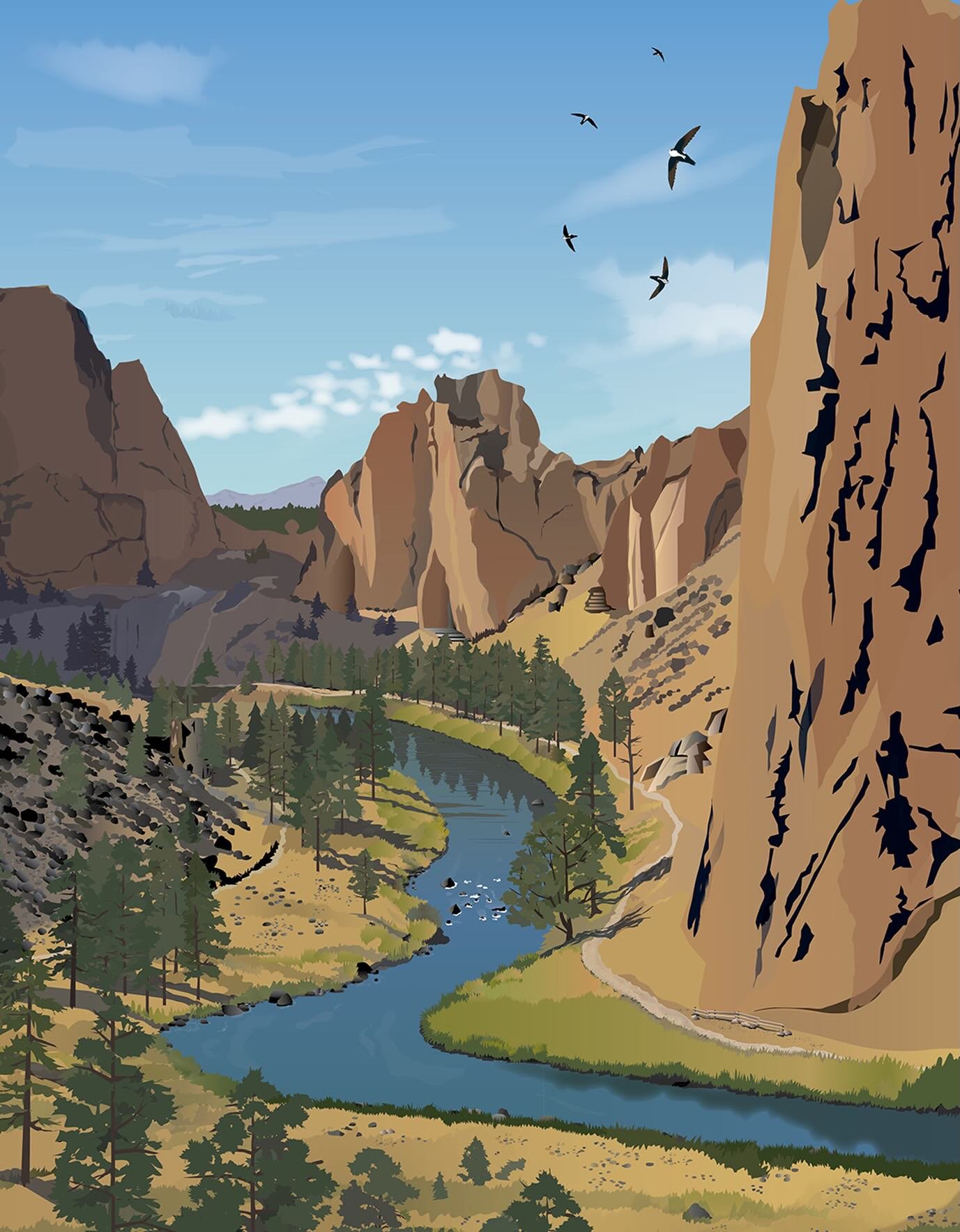 Here&rsquo;s another of my new scenic illustrations, it&rsquo;s Smith Rock State Park. Famous for rock climbing (duh, look at those rocks!) but there are also lots of hiking trails. In Central Oregon not far from Bend, that&rsquo;s the Crooked River 