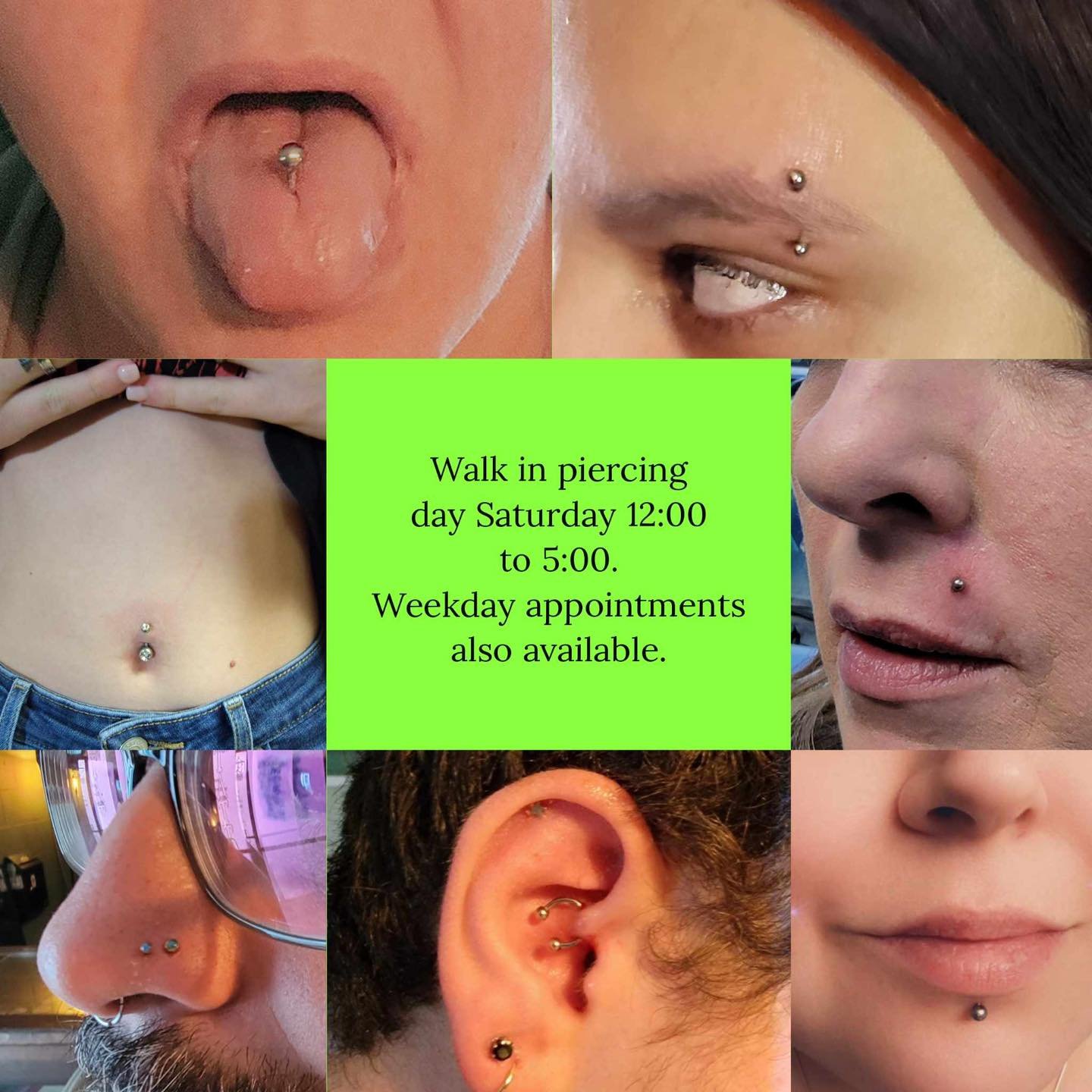 Walk-ins this Saturday. 
Some appointments available Wednesday, Friday, and Sunday. Contact us for an appointment or come by and check us out on Saturday.