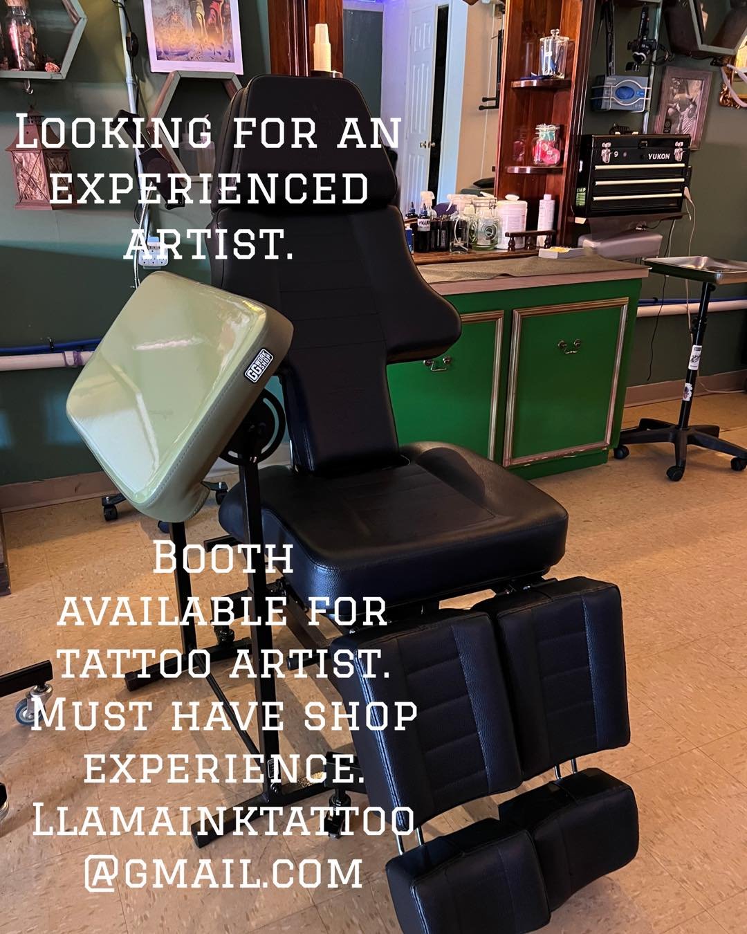 We&rsquo;re looking to add an experienced artist to our team! Located in WNC, Spruce pine NC is a beautiful and wonderful growing town with year round touristy. Please replay by email if interested. Llamainktattoo@gmail.com