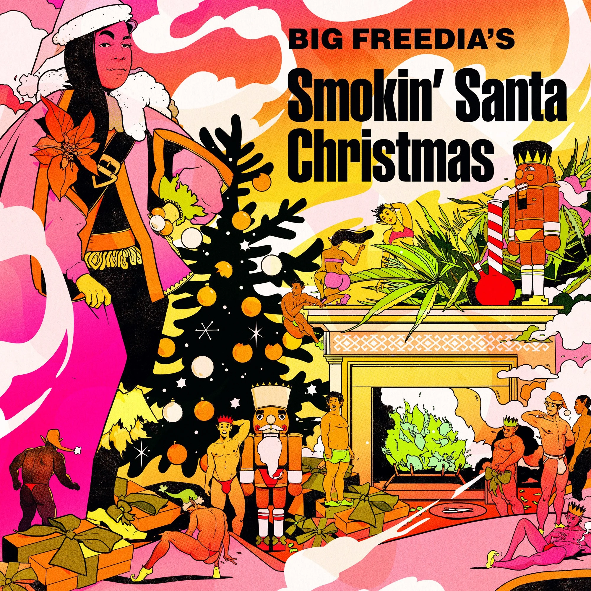 A colorful, cartoon-style Christmas scene with a large woman dressed in a Santa hat and pink coat standing next to a decorated Christmas tree. Small figures, including muscular men, a nutcracker, and toy soldiers, are engaged in various activities ar