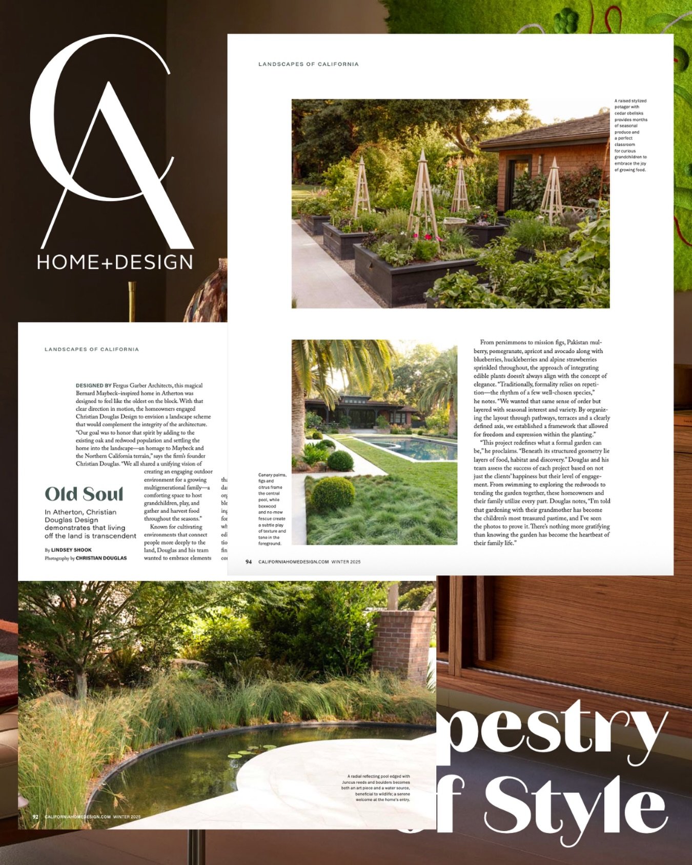 A fun feature in the current @cahomeanddesign magazine on the incredible work of @christian_douglas_design at an Atherton retreat! 
.
.
.
#landscapedesigner #landscapes #foodforward #landscapearchitecture