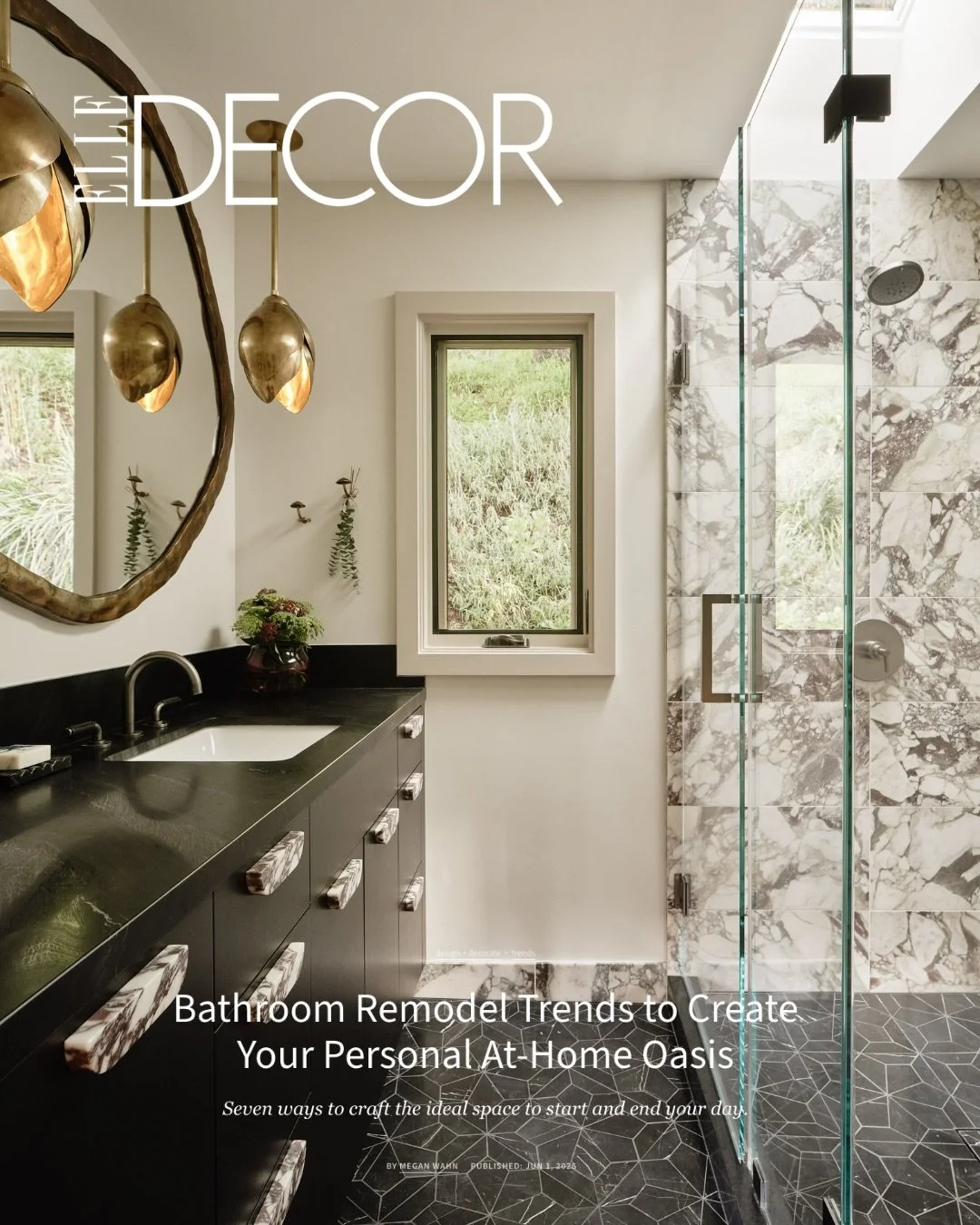 On @elledecor today!!!@hollyakopmaninteriordesign explains that infusing a balance of personality and a spa like experience is key to bathroom design. Who wouldn&rsquo;t want the tulip lights, black tiles and mushroom towel hooks? 

Thanks @rbradleyp