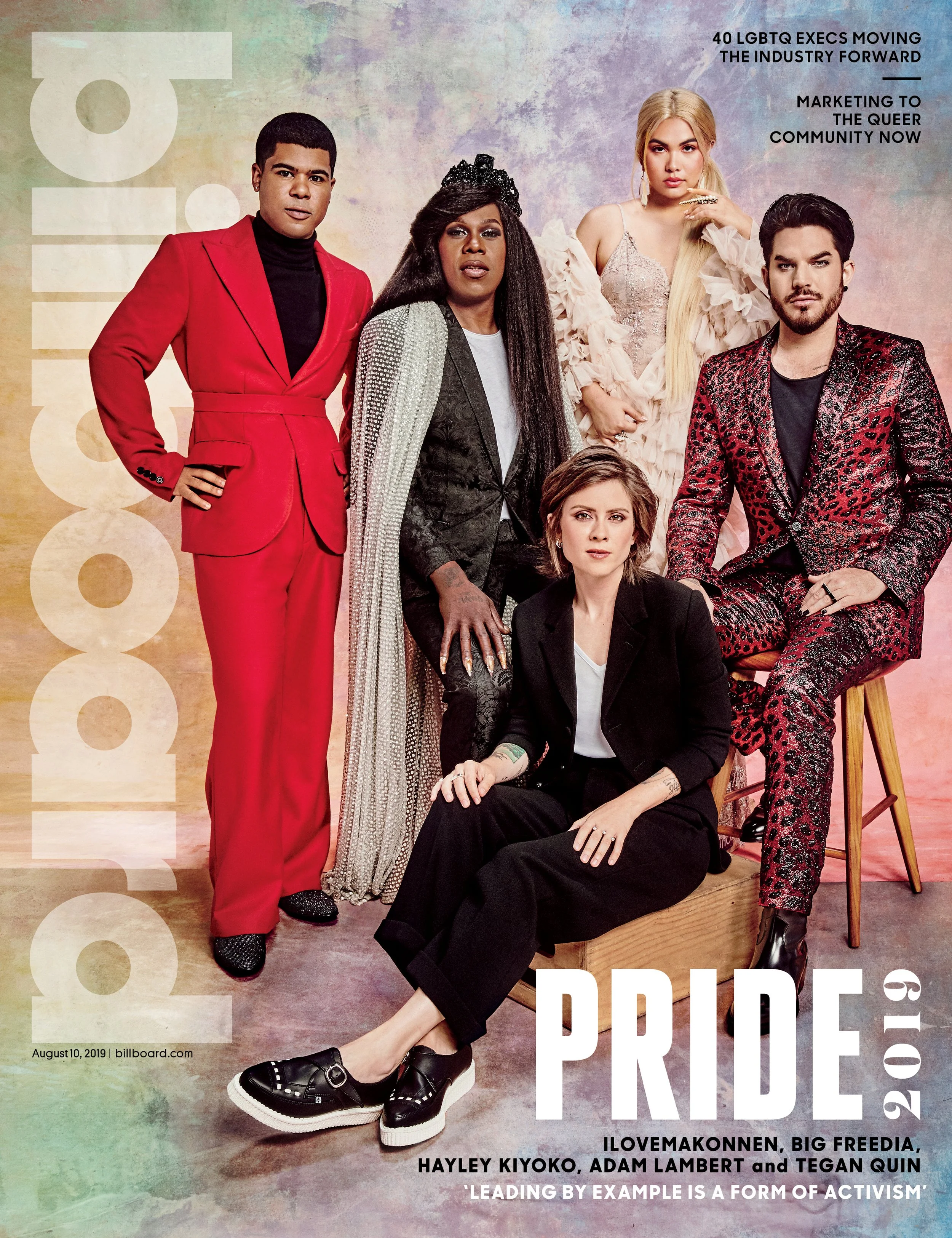 Cover photo of Pride 2019 magazine featuring five diverse LGBTQ+ individuals dressed in fashionable clothing, standing and sitting against a pastel, watercolor-like background. Bold titles highlight LGBTQ+ leadership and activism.