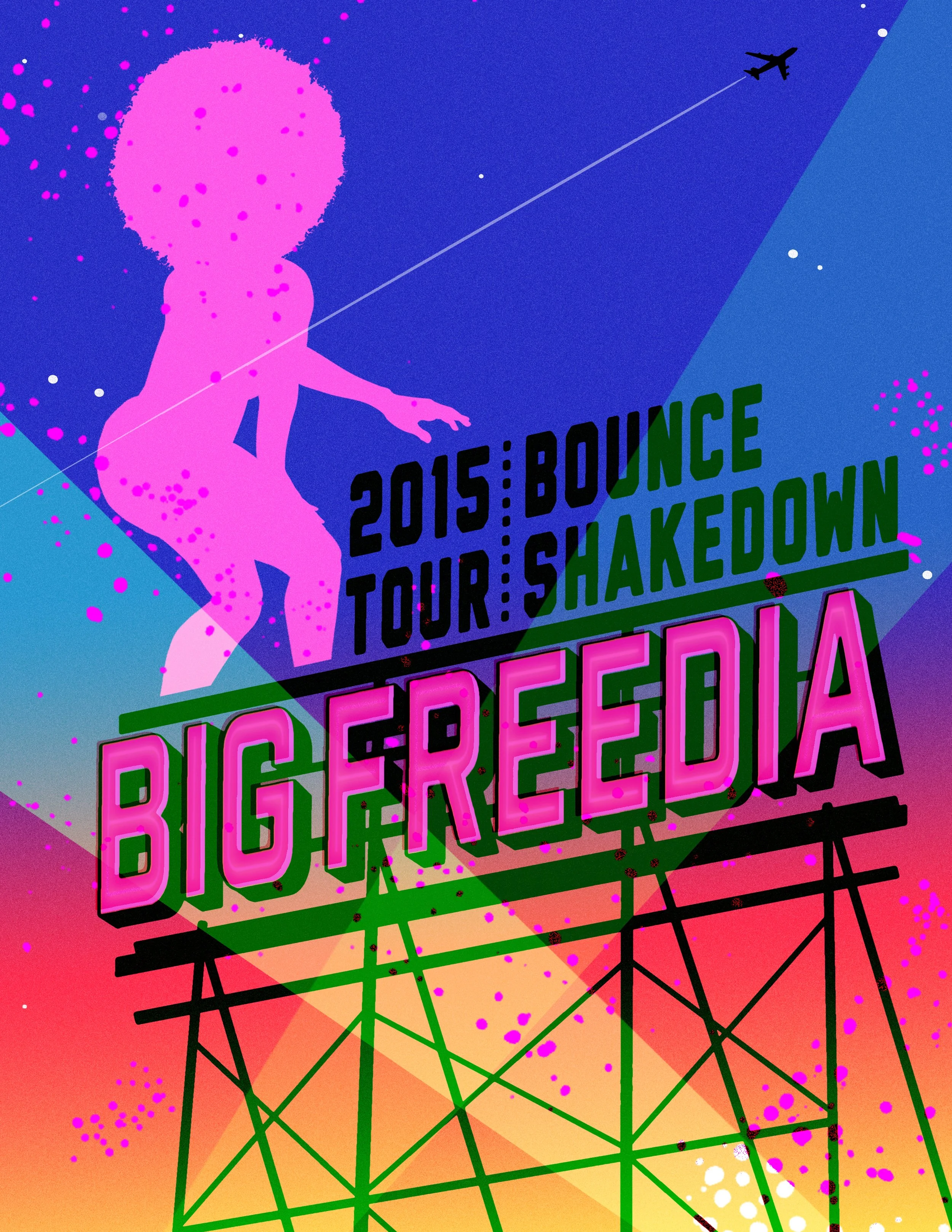 Concert poster for Big Freedia's 2015 Bounce Tour Shakedown, featuring a pink silhouette of a dancing figure with an afro hairstyle, set against a colorful background with abstract geometric shapes and a silhouette of an airplane.