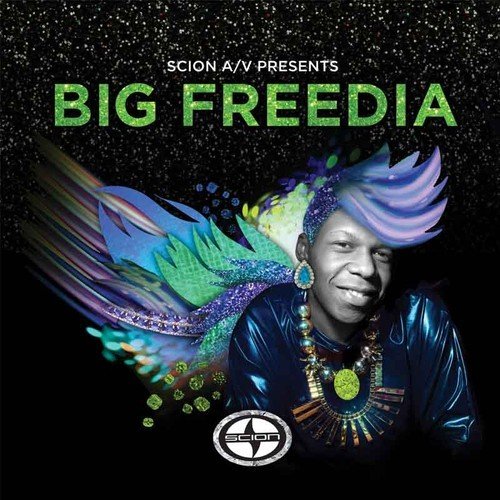 Promotional poster featuring a man with an elaborate colorful headdress and accessories, with a starry background and green text that reads "Big Freedia", promoting an event or performance by Big Freedia presented by Scion A/V.