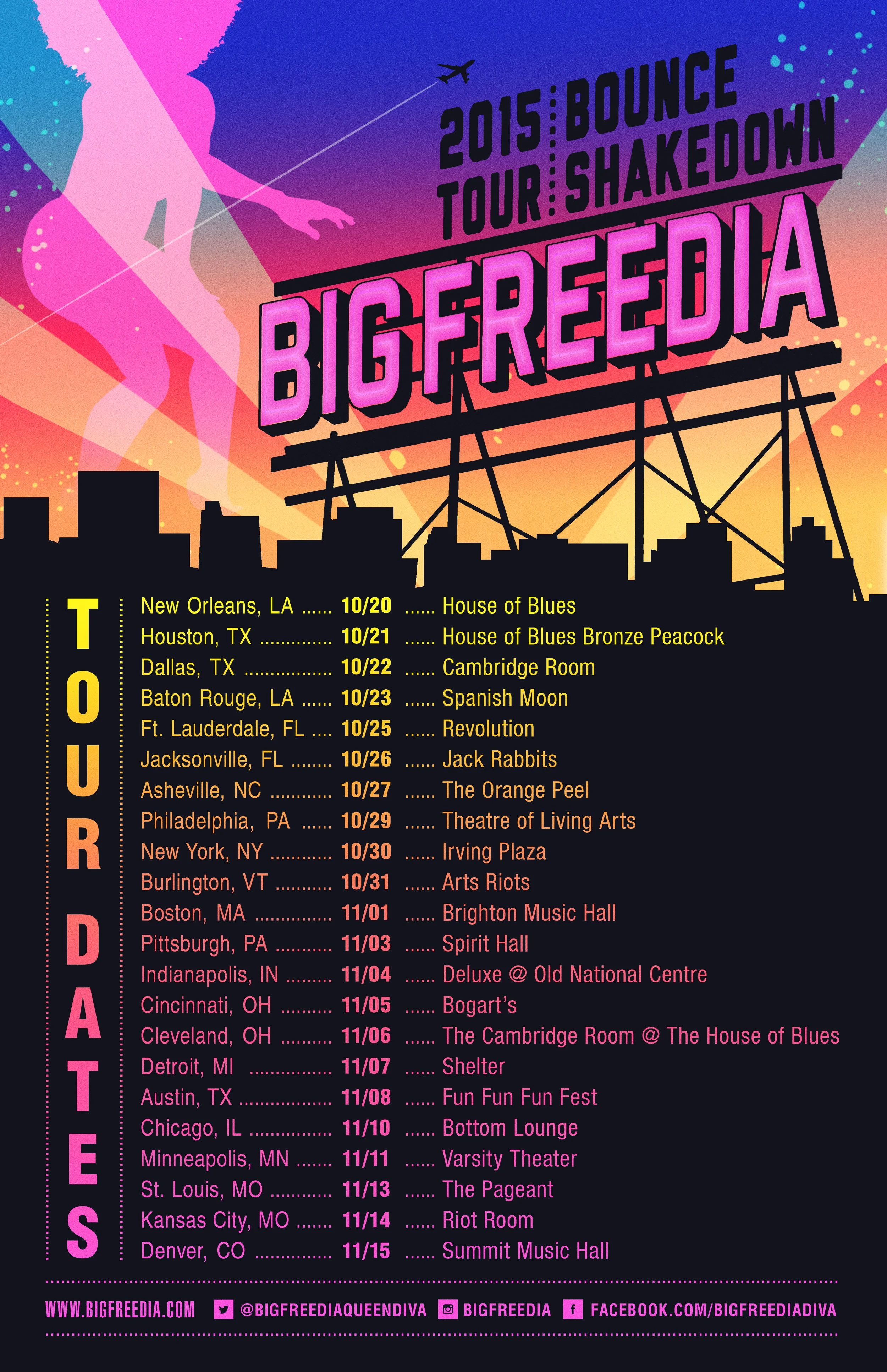 Tour schedule poster for Big Freedia's 2015 Bounce Tour, showing dates and venues across multiple cities with a colorful background and silhouette of a city skyline.