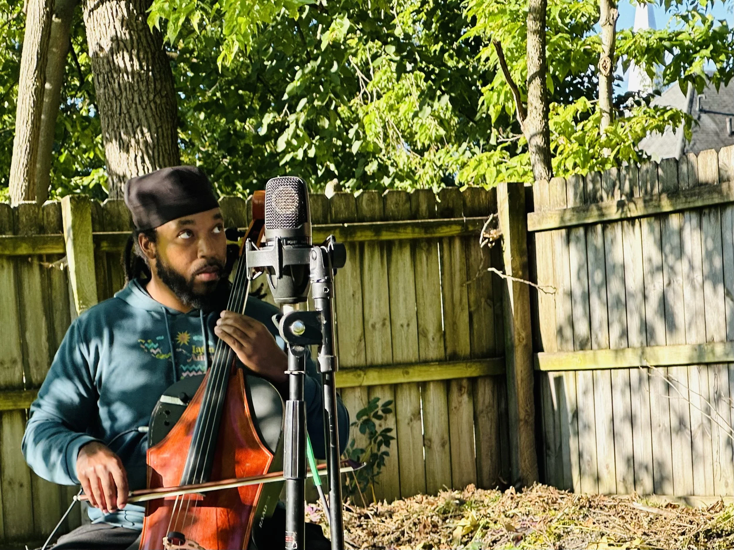 Cellist Jordan Hamilton at Koa Fund Soundscape field recording session.