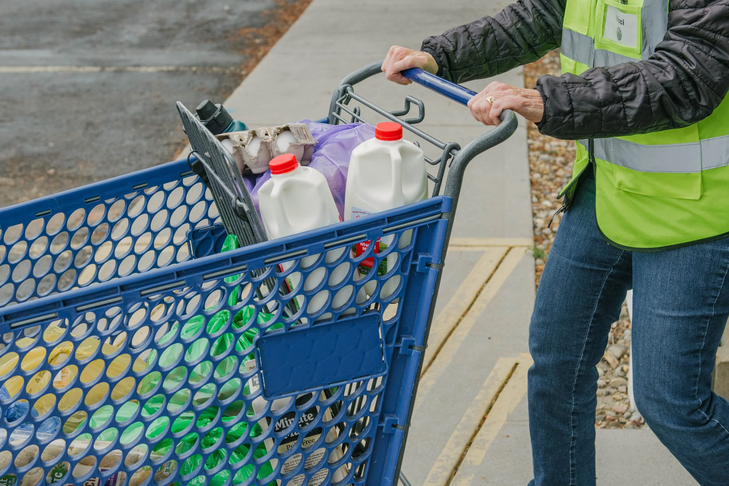 Person pushing a shopping cart containing bottled milk, eggs, and other groceries on a sidewalk.