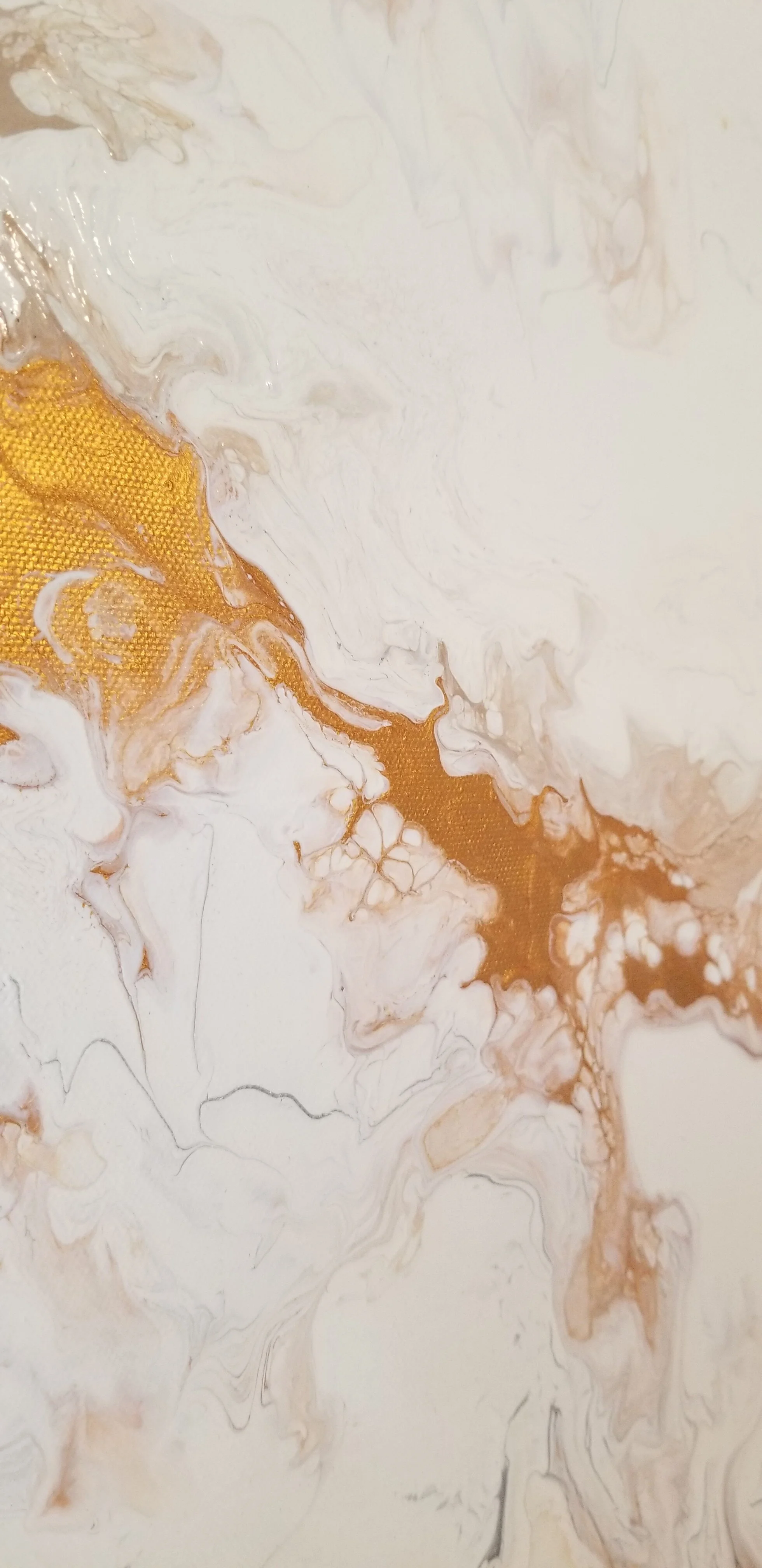 Original Abstract Painting, Acrylic colors (white, antique gold, silver), high gloss varnish on stretched canvas with 1 1/2 in. deep frame.Size:  36 x 36Price: (SOLD)