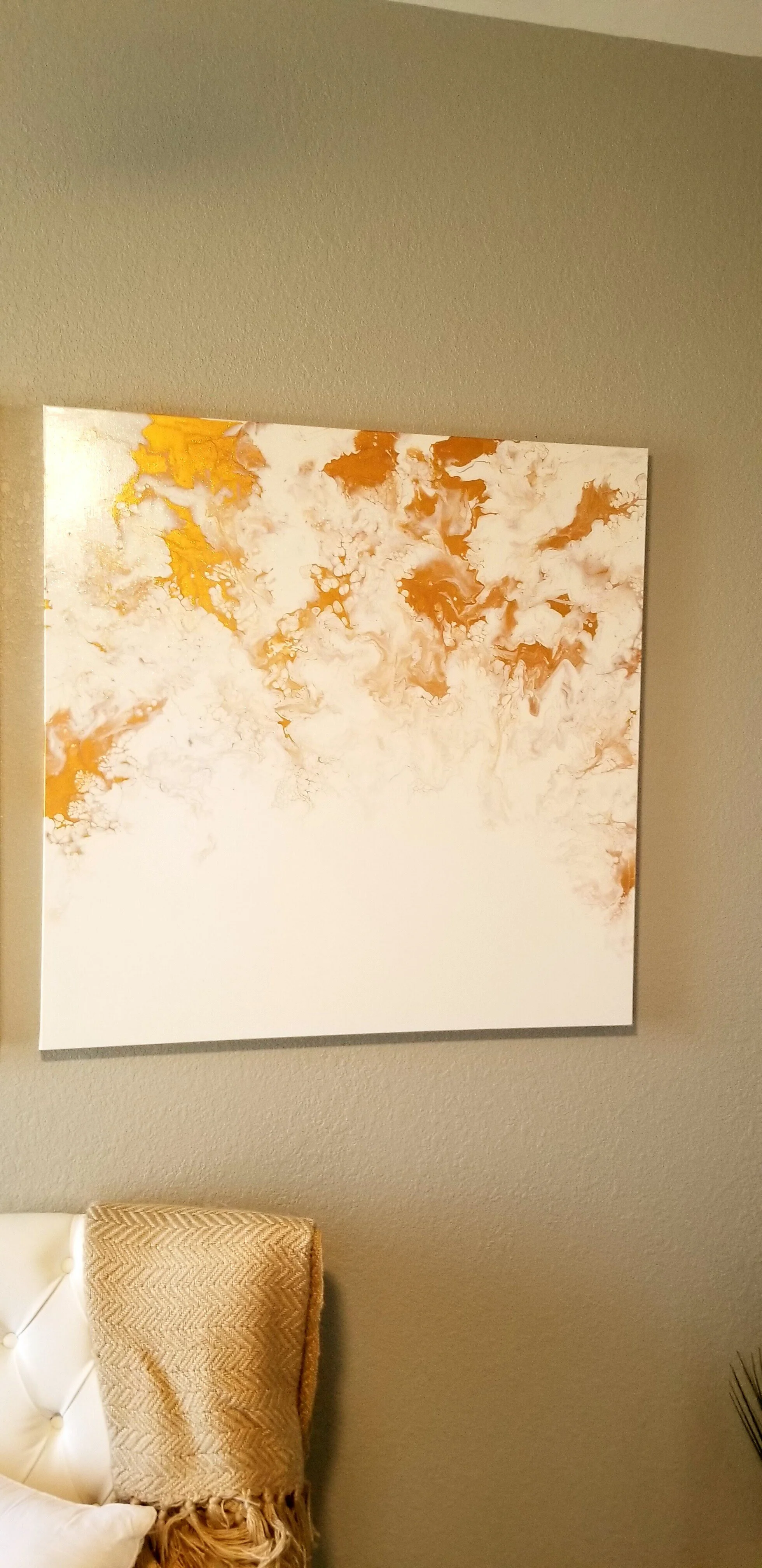 Original Abstract Painting, Acrylic colors (white, bright gold, hint of iridescent glitter), high gloss varnish on stretched canvas with 1 1/2 in. deep frame.Size:  36 x 36Price:  (SOLD)