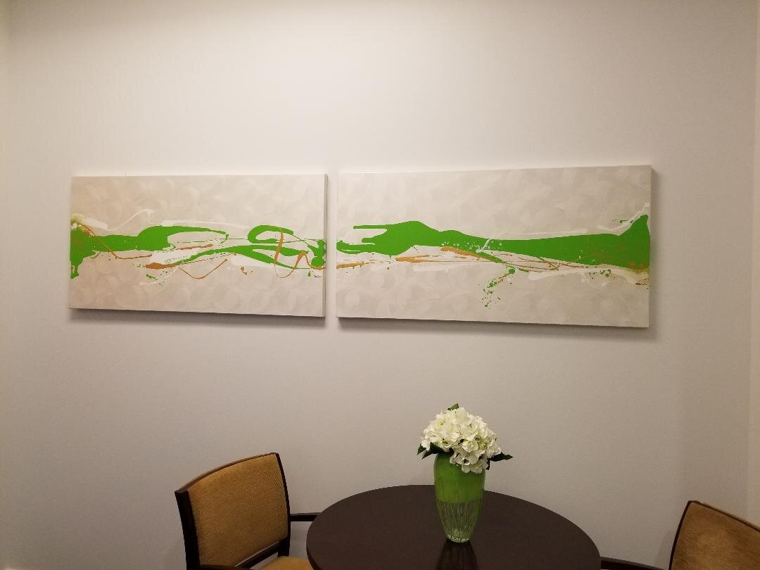 Original Abstract Painting, Acrylic colors (lime green, gold, white), high gloss varnish on stretched canvas with 1 1/2 in. deep frame.Size:  24 x 48 eachPrice: $800
