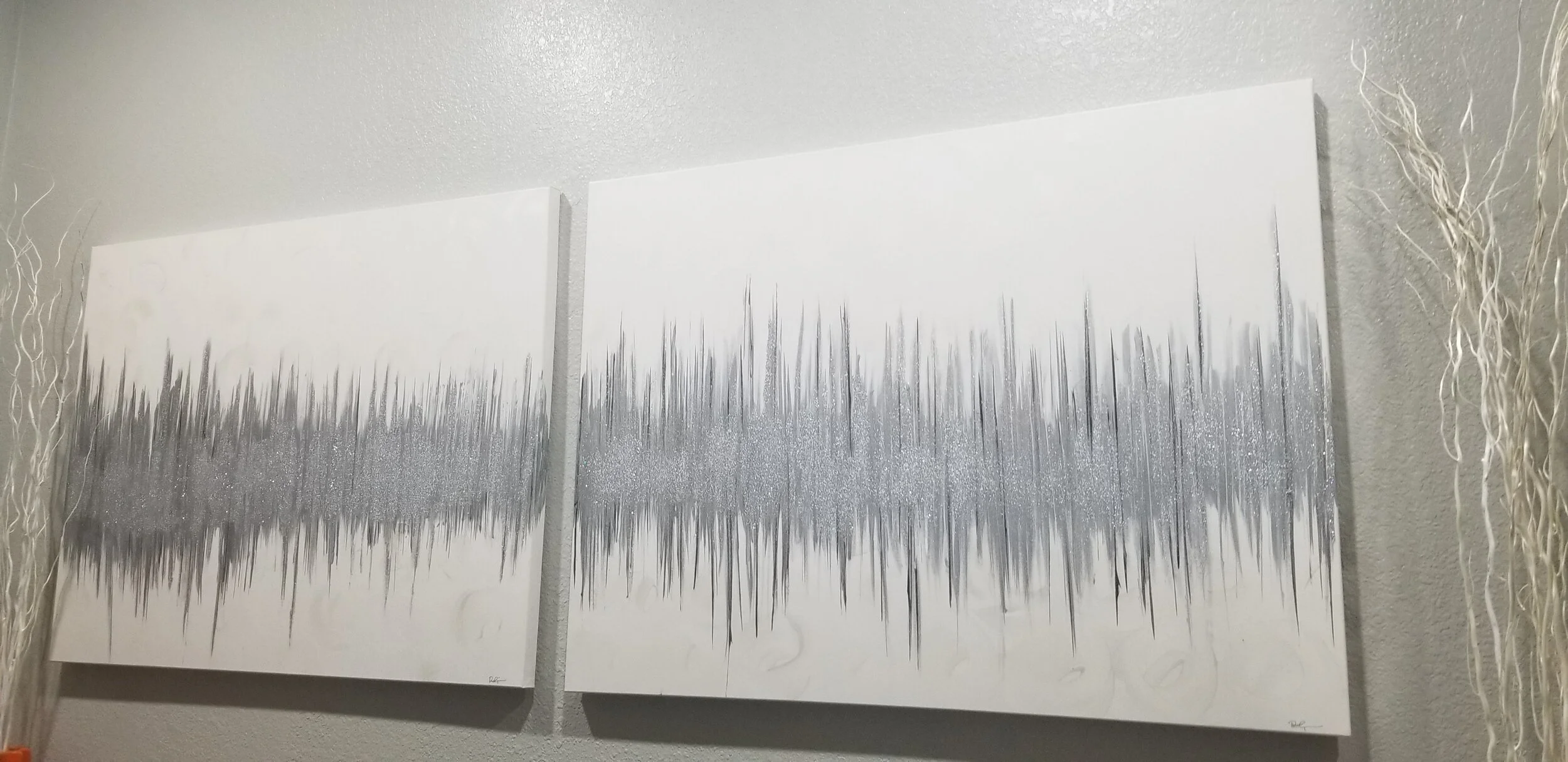 Original Abstract Painting, Acrylic colors (silver, gray, white, glitter), gloss varnish on stretched canvas with 1 1/2 in. deep frame.Size:  36 x 48 eachPrice: $600     (2 in stock)