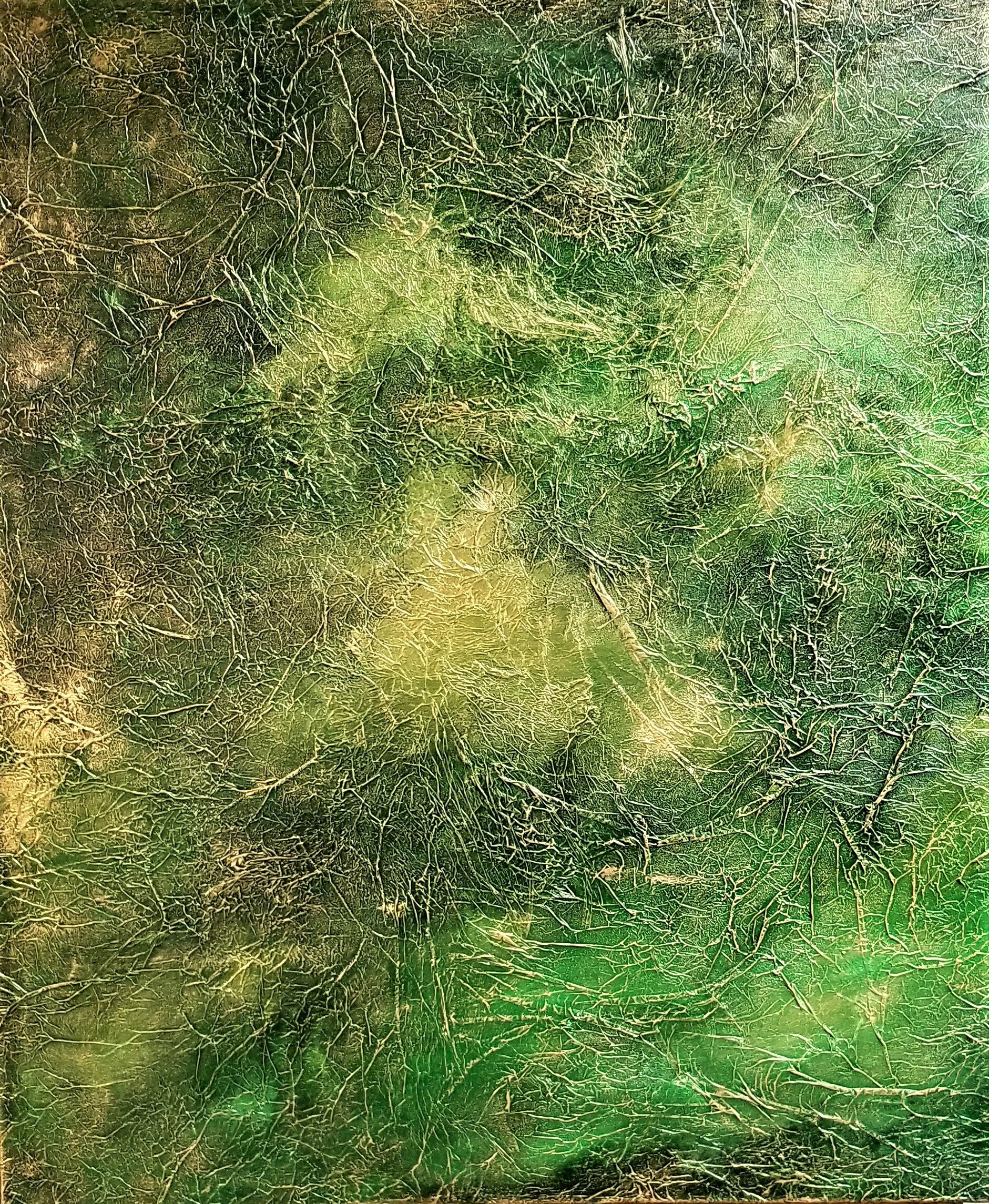 Original Abstract Painting, Acrylic colors (green and gold) on stretched 1 1/2 in. textured deep canvas.Size:  30 x 30Price: (SOLD)