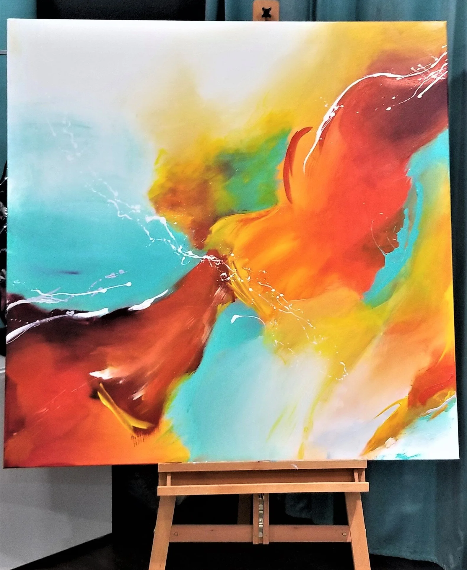 Original Abstract Painting, Acrylic colors (teal, orange, white, yellow, red), high gloss varnish on stretched canvas with 1 1/2 in. deep frame.Size:  48x48Price: (SOLD)