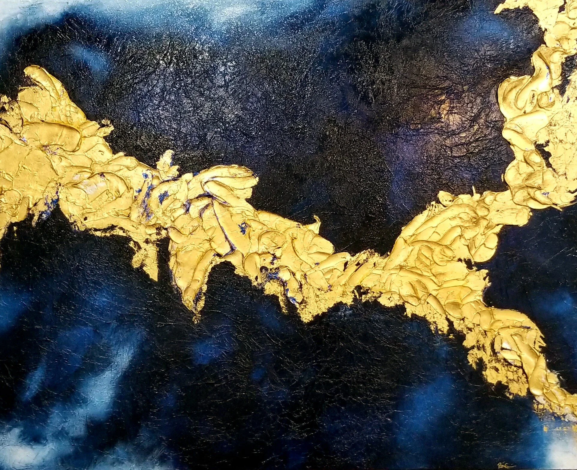 Original Heavily Textured Abstract Painting, Acrylic colors (blue, silver and gold) on stretched canvas with 1 1/2 in. deep frame.  Size:  46 x 60Cost: (SOLD)