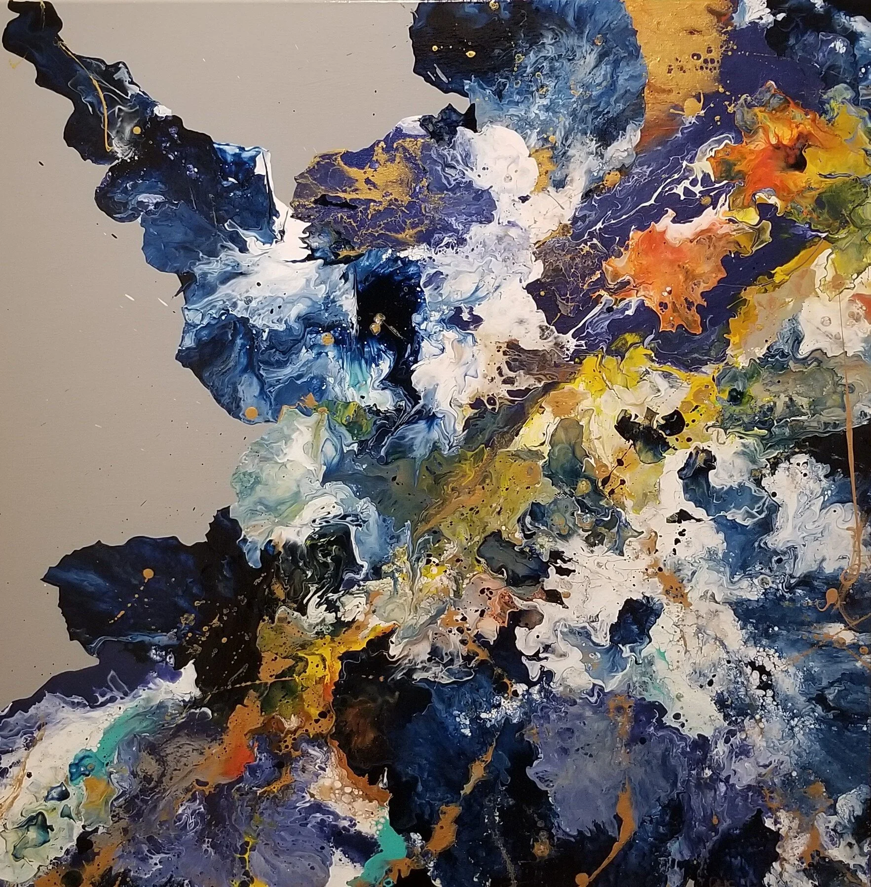 Original Abstract Painting, Acrylic various colors  on stretched canvas with 1 1/2 in. deep frame.  Size:  30 x 30Cost: (SOLD)