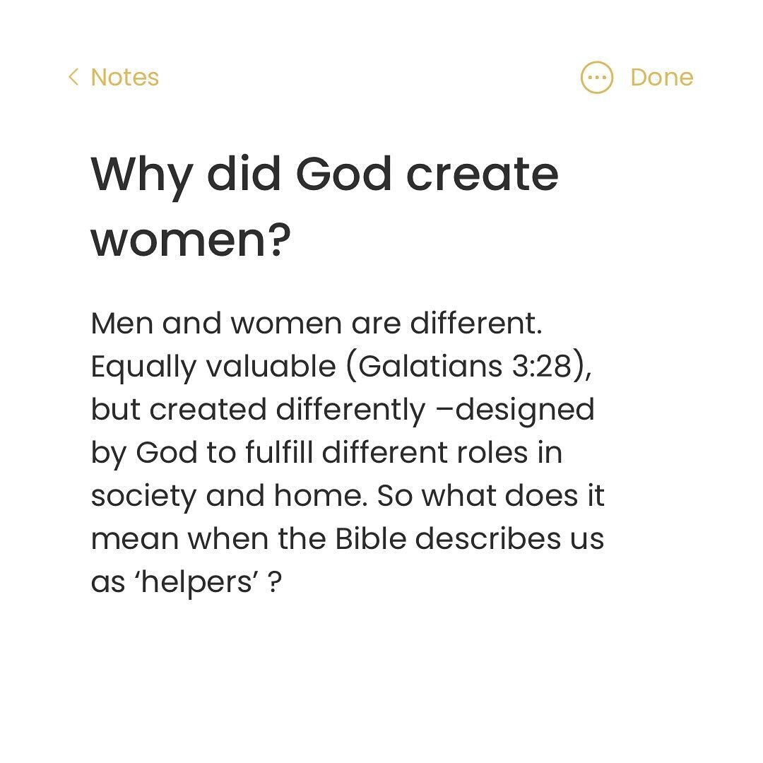 When God created male and female, he didn&rsquo;t glorify men and demean women, as if the term &lsquo;helper&rsquo; somehow meant &lsquo;lesser. God created humans - men and women together - as the pinnacle of all creation, crafting both in his very 