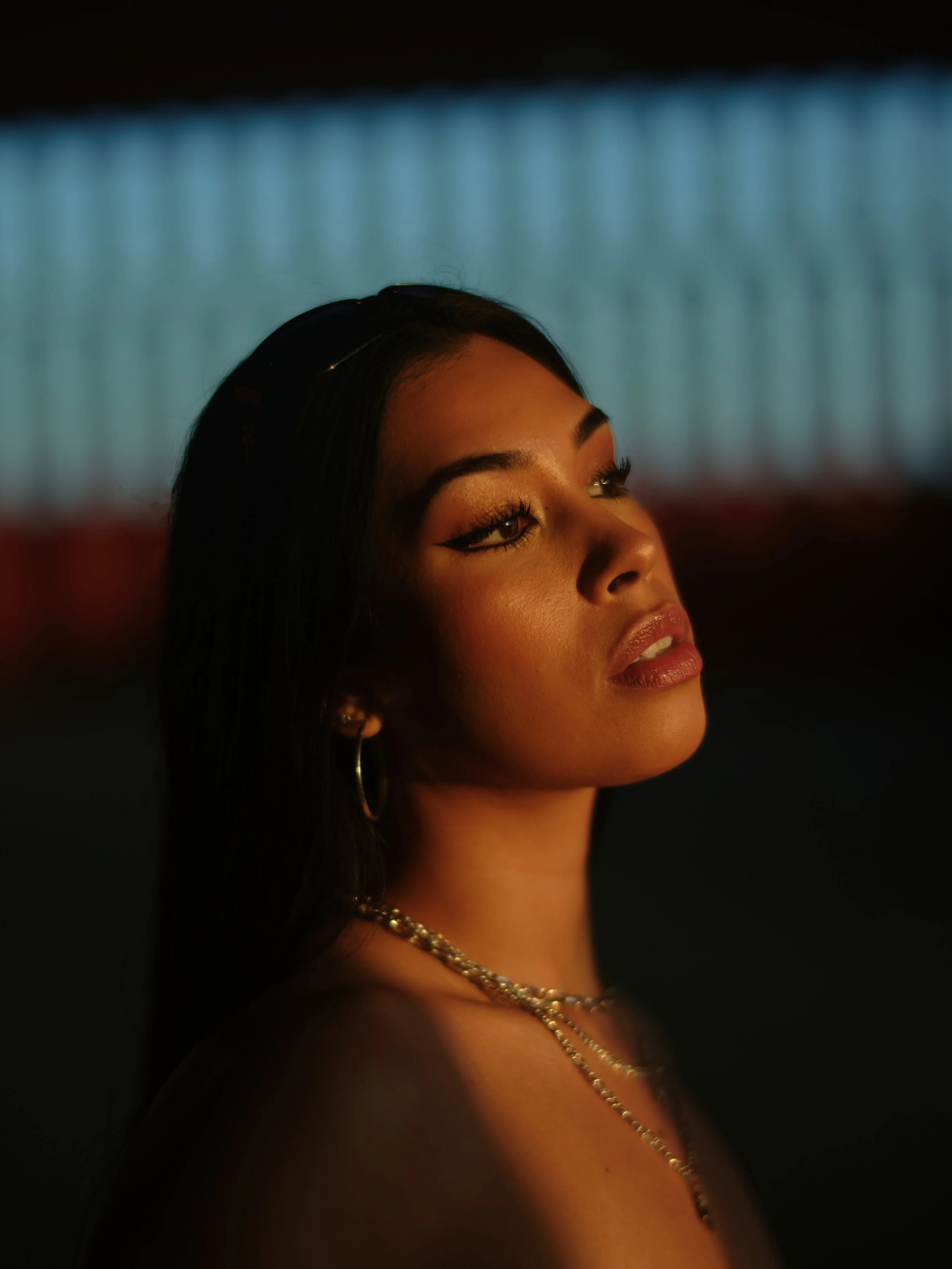 Close-up profile of a woman with makeup and jewelry, looking slightly upward in a dimly lit environment with a blue-lit background.