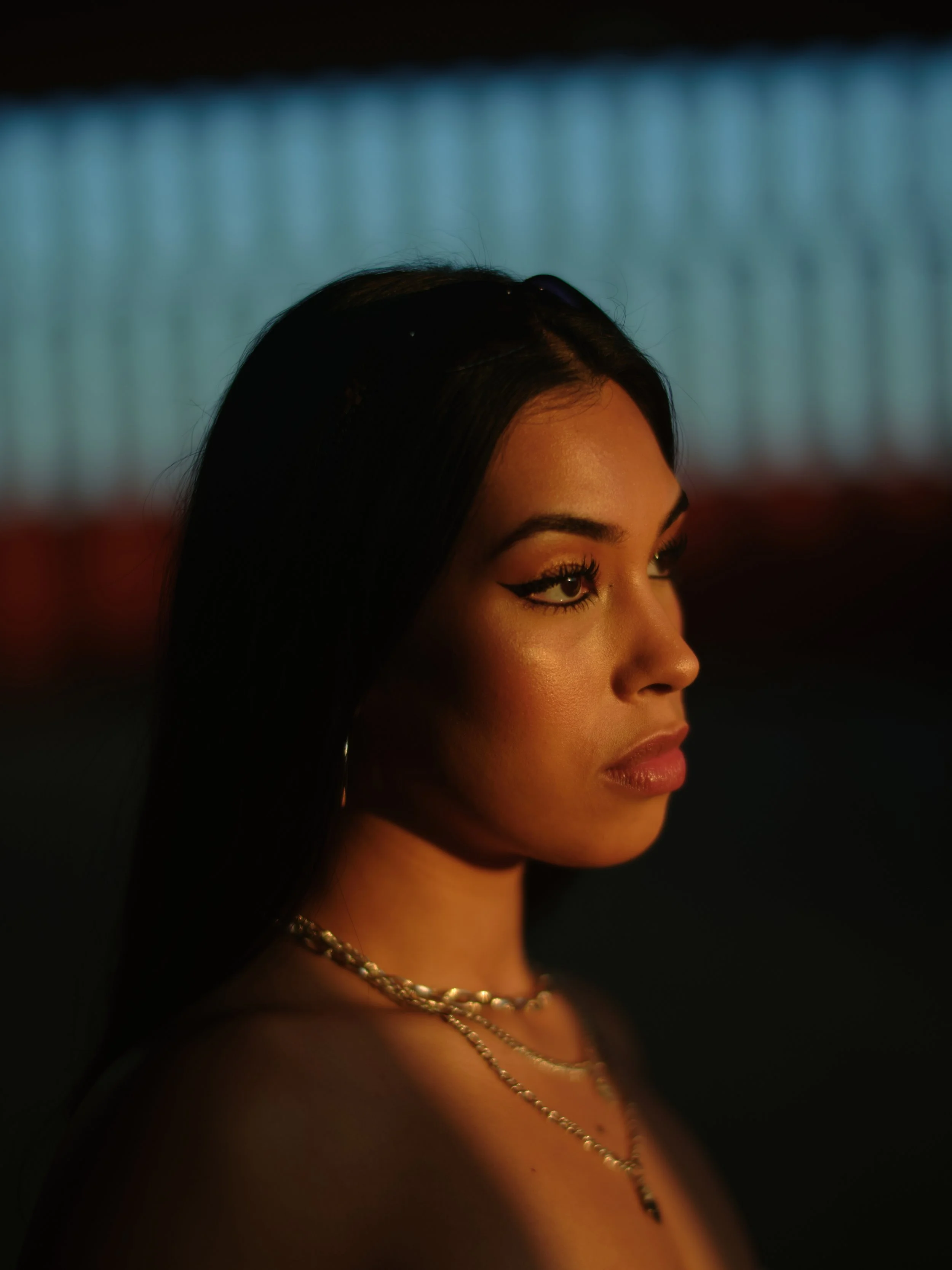 A young woman with long black hair, wearing layered necklaces, has makeup with bold eyeliner, in a dimly lit environment with a blurred background.