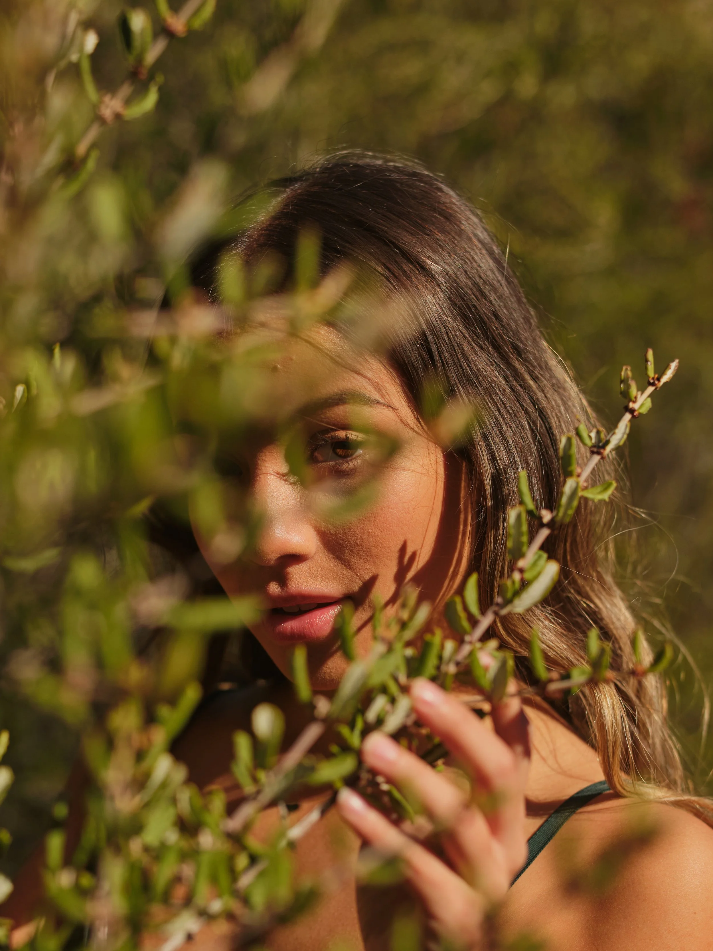A woman with dark brown hair partially hidden by green leafy branches, with sunlight illuminating her face and hair, outdoors in nature.
