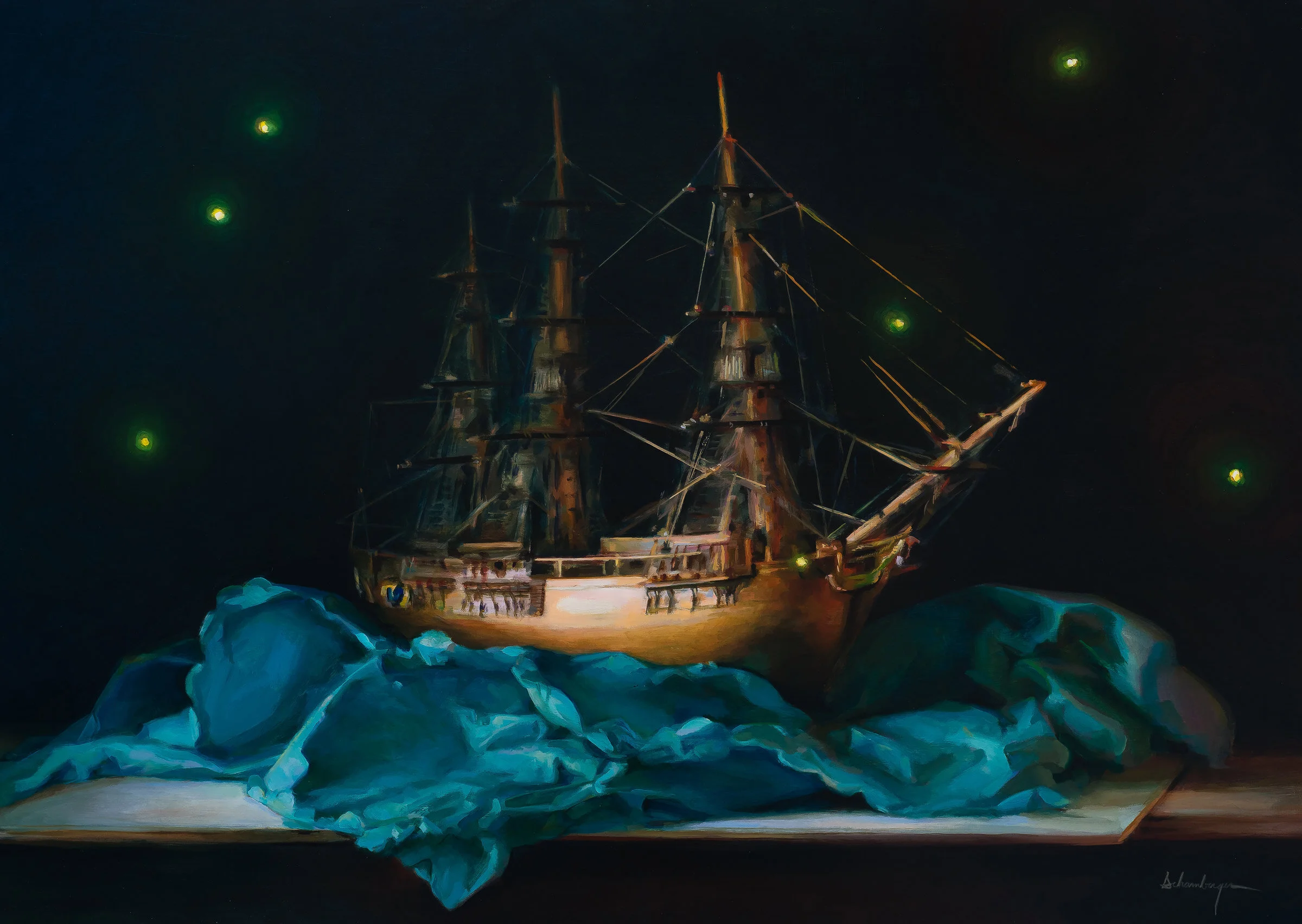 A painting of an old sailing ship illuminated at night, sitting on a shelf with blue tissue paper beneath it, with green glowing fireflies in the dark sky.