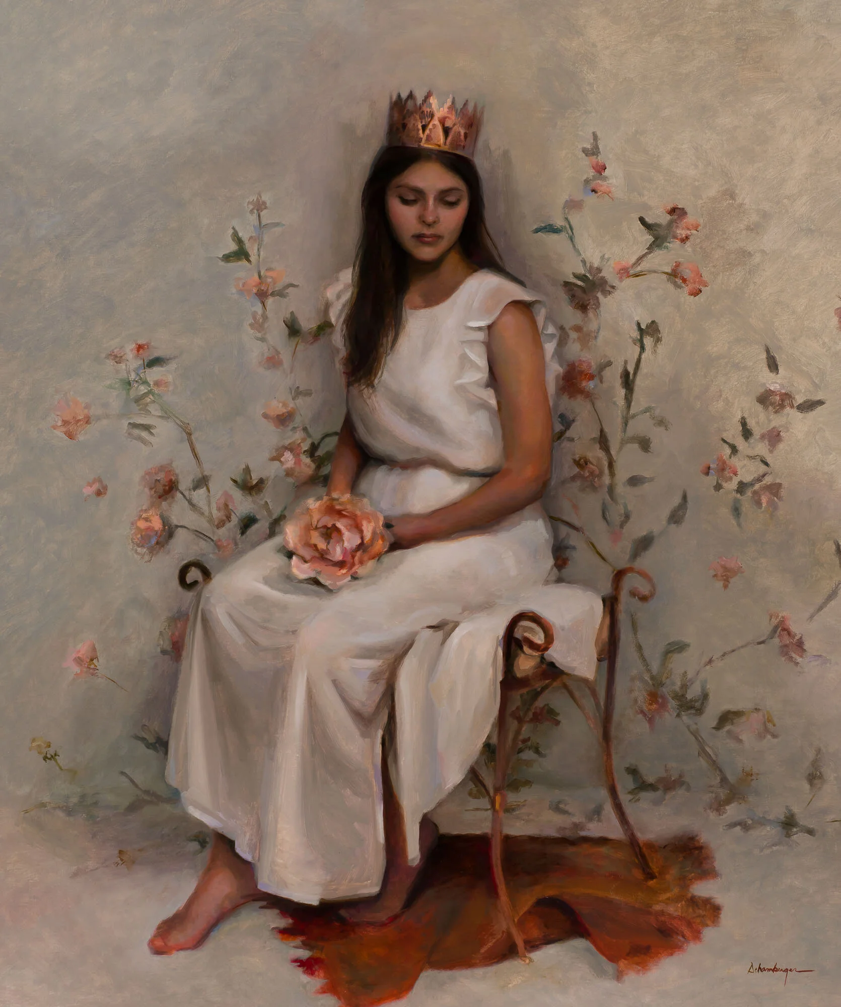 A woman dressed in a white gown, wearing a crown, seated on a chair with her head slightly tilted downward, holding a pink rose in her hands, surrounded by blooming pink flowers and greenery in a painted, artistic style.