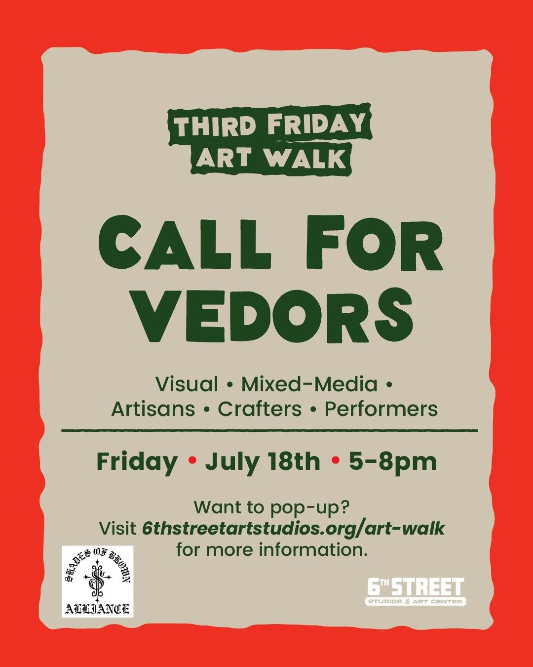 Calling All Vendors! 

The #ThirdFridayArtWalk is looking for vendors for our upcoming art walk on July 18th!

If you're an artist, performer, or vendor wanting to participate, check out our website or link in our bio:

6thstreetartstudios.org/art-wa