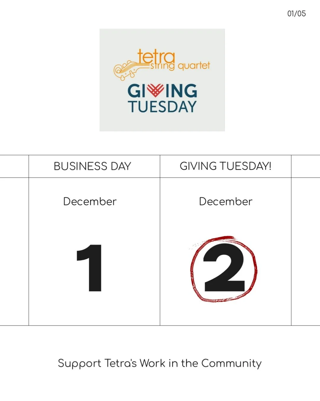 Tuesday December 2 is #GivingTuesday

With full funding, the Tetra String Quartet will be able to work with thousands of community members, creating lasting relationships and enhancing quality of life through music education and performance. 
Help us