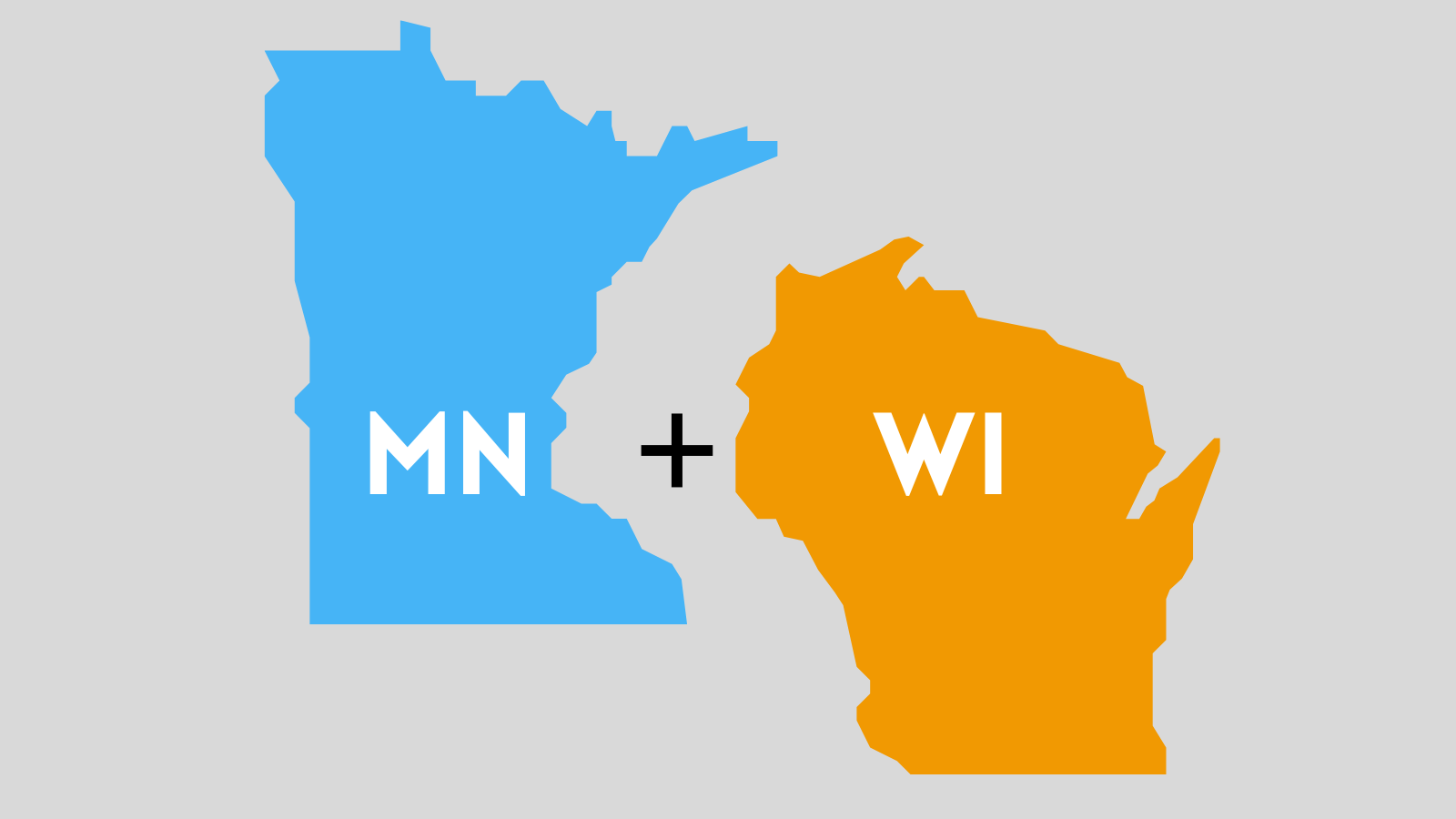 Map showing the states of Minnesota in blue and Wisconsin in orange with plus sign between them.