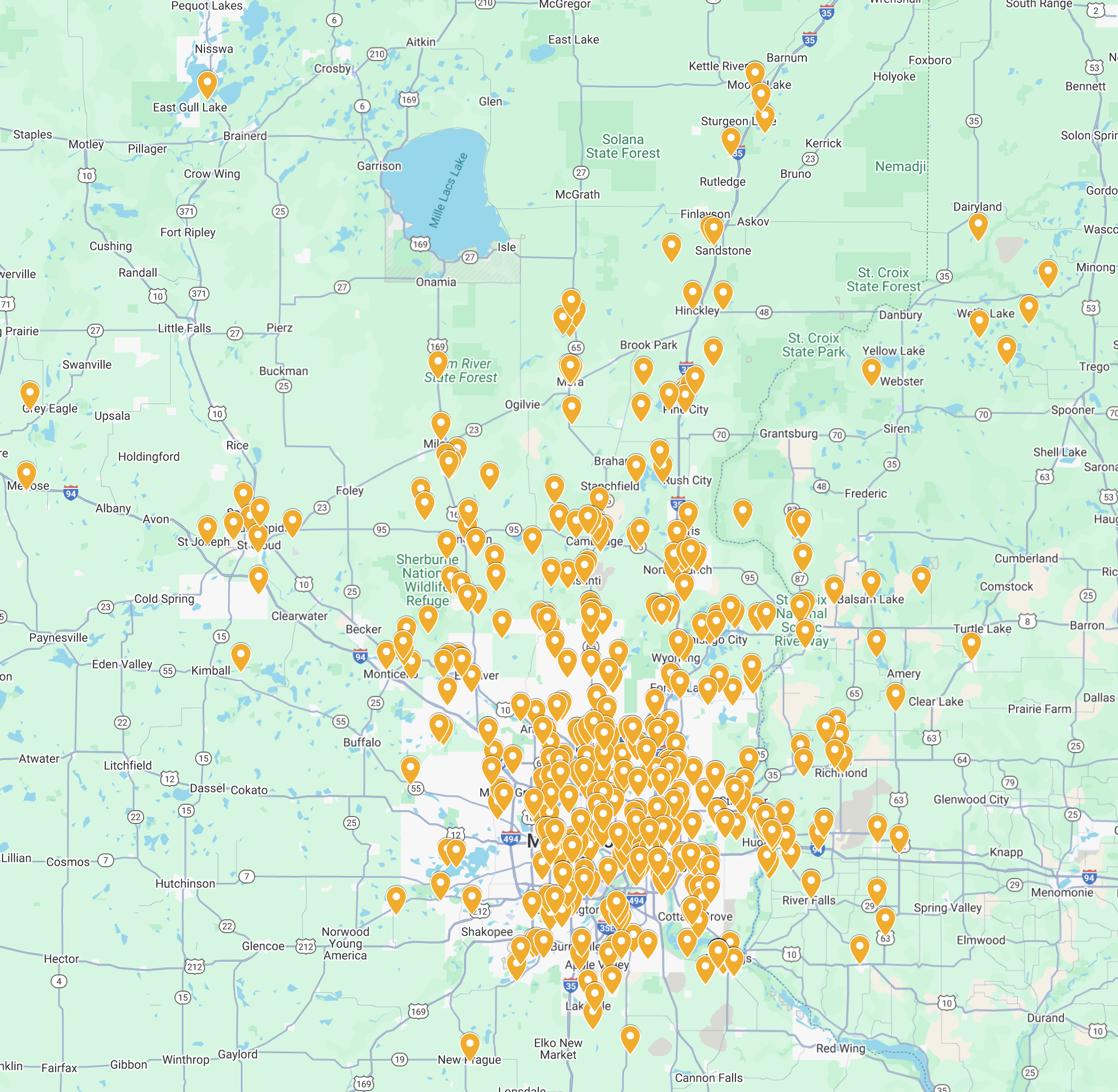 Map of Minnesota and Wisconsin showing 550 locations served by Home Story Visuals.  These locations centered on the Twin Cities of Minneapolis and St Paul but also shows locations throughout Western Wisconsin, St Cloud and east central minnesota.