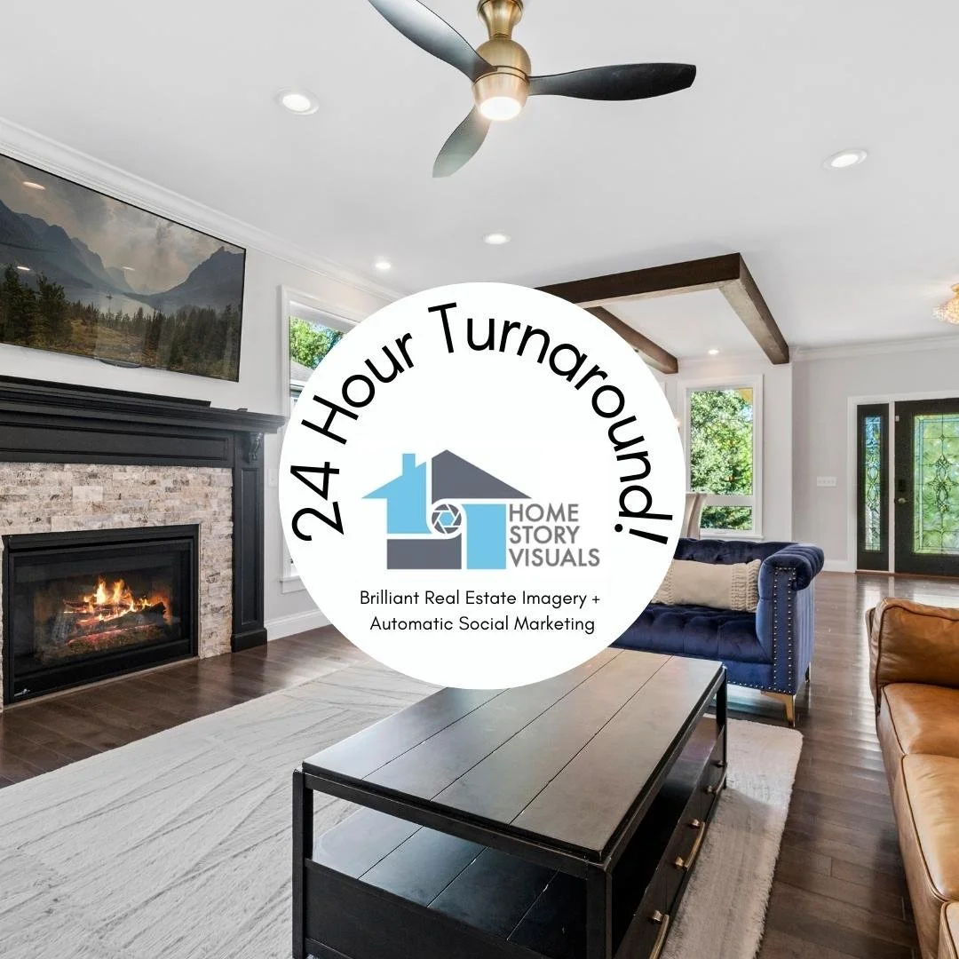 Living room with a fireplace, large television, ceiling fan, and natural light from windows and door, with a circular overlay in the center featuring the text '24 Hour Turnaround!' and a logo for Home Story Visuals.