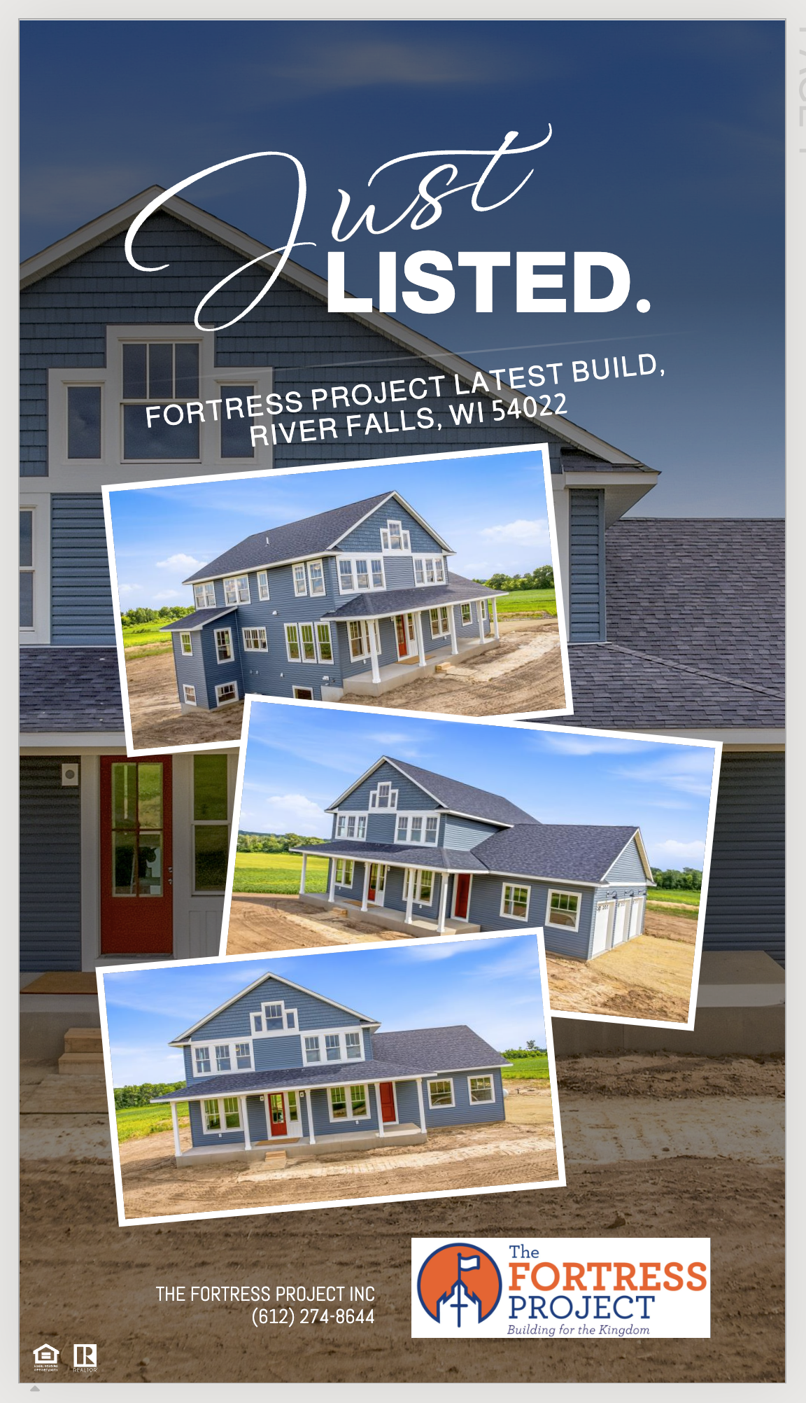 Brochure for The Fortress Project Inc. showcasing images of a modern blue house under construction in River Falls, WI 54022, with contact information and logo.