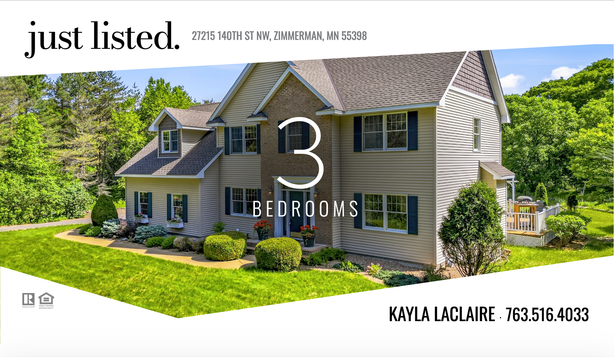 A real estate advertisement featuring a large, multi-story house with a landscaped yard, trees, and a porch, with text indicating the house is available for sale with 3 bedrooms and contact details for Kayla LaClaire.