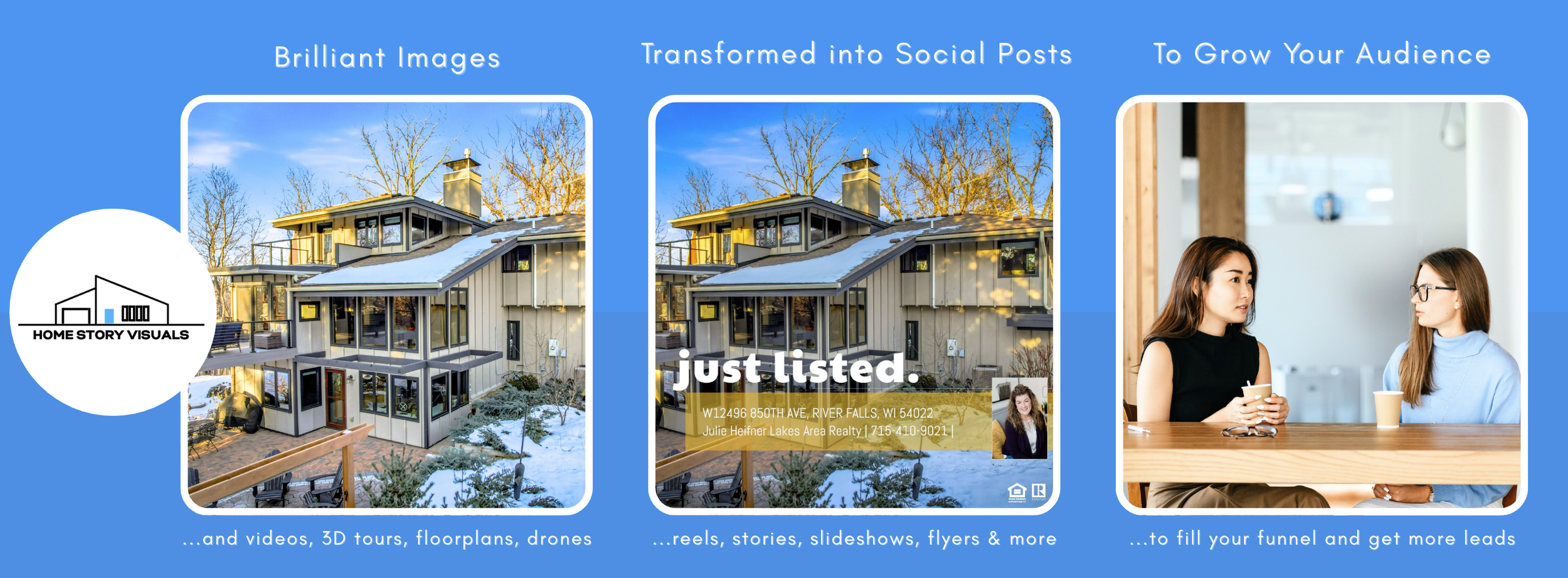 Home Story Visuals provides brilliant real estate imagery and then transforms these images into attention grabbing social media posts, reels, stories and videos to help real estate professionals grow their audiences and get more leads