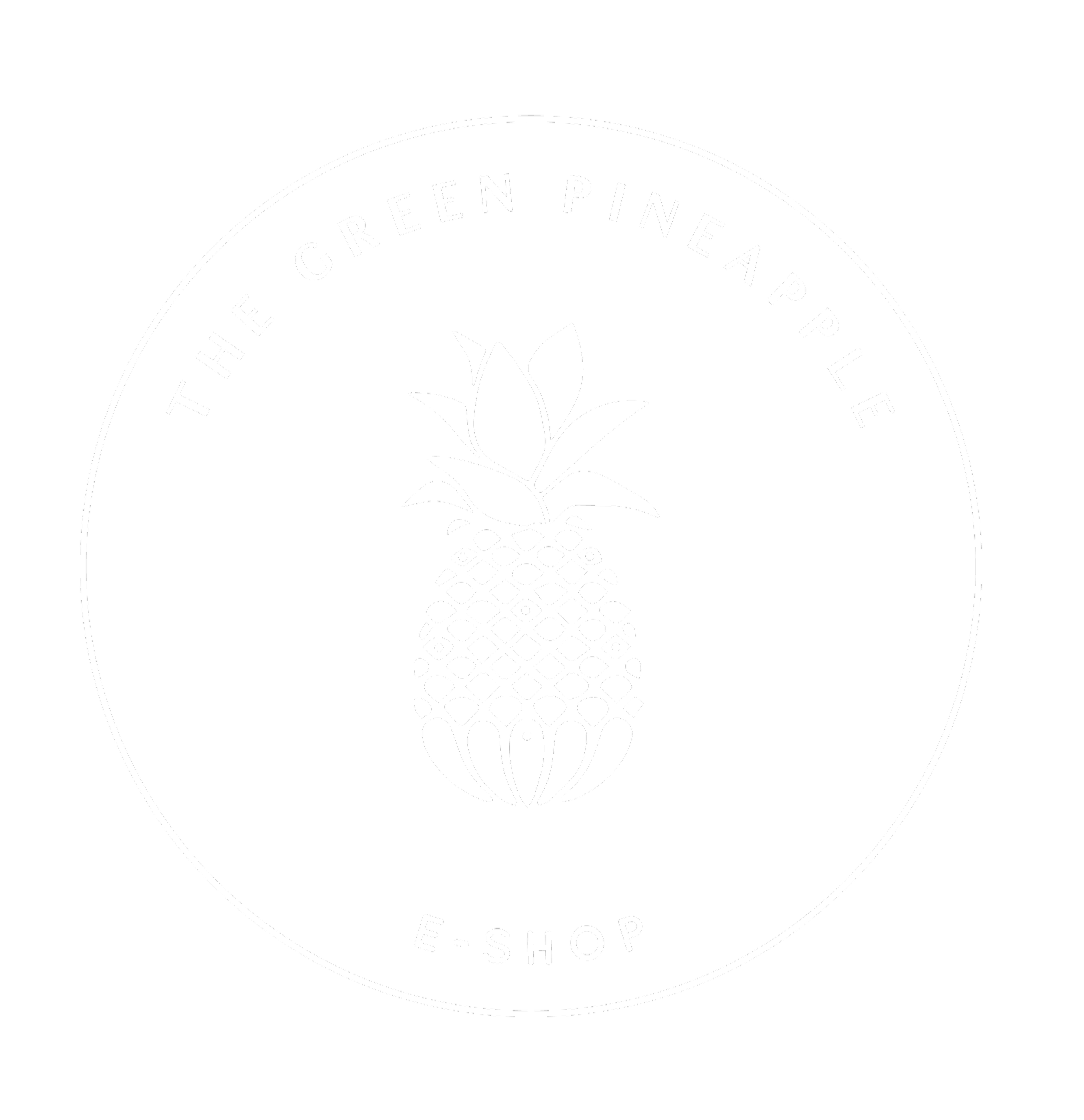 Logo for The Green Pineapple e-shop featuring a stylized white pineapple on a black background with the text wrapped around it.