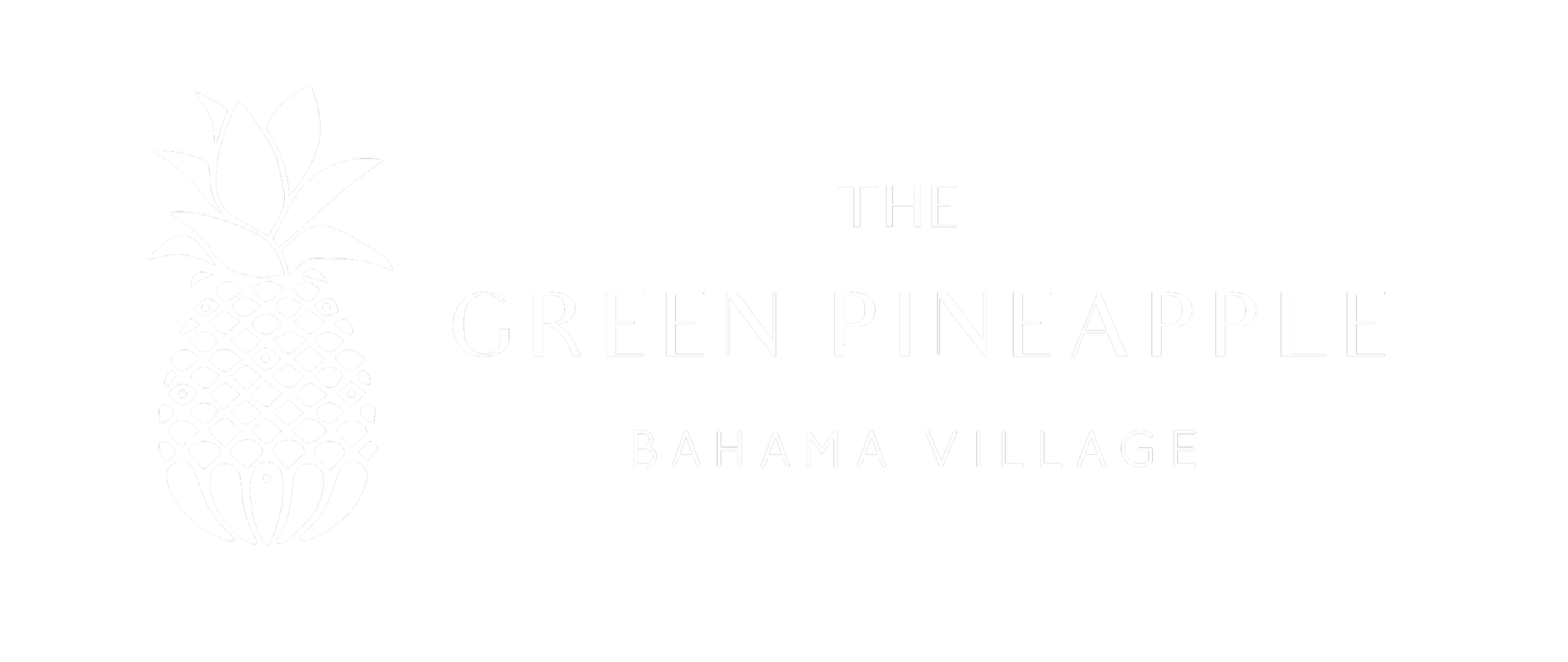 Black and white logo for The Green Pineapple, Bahama Village, featuring a stylized pineapple graphic and text.