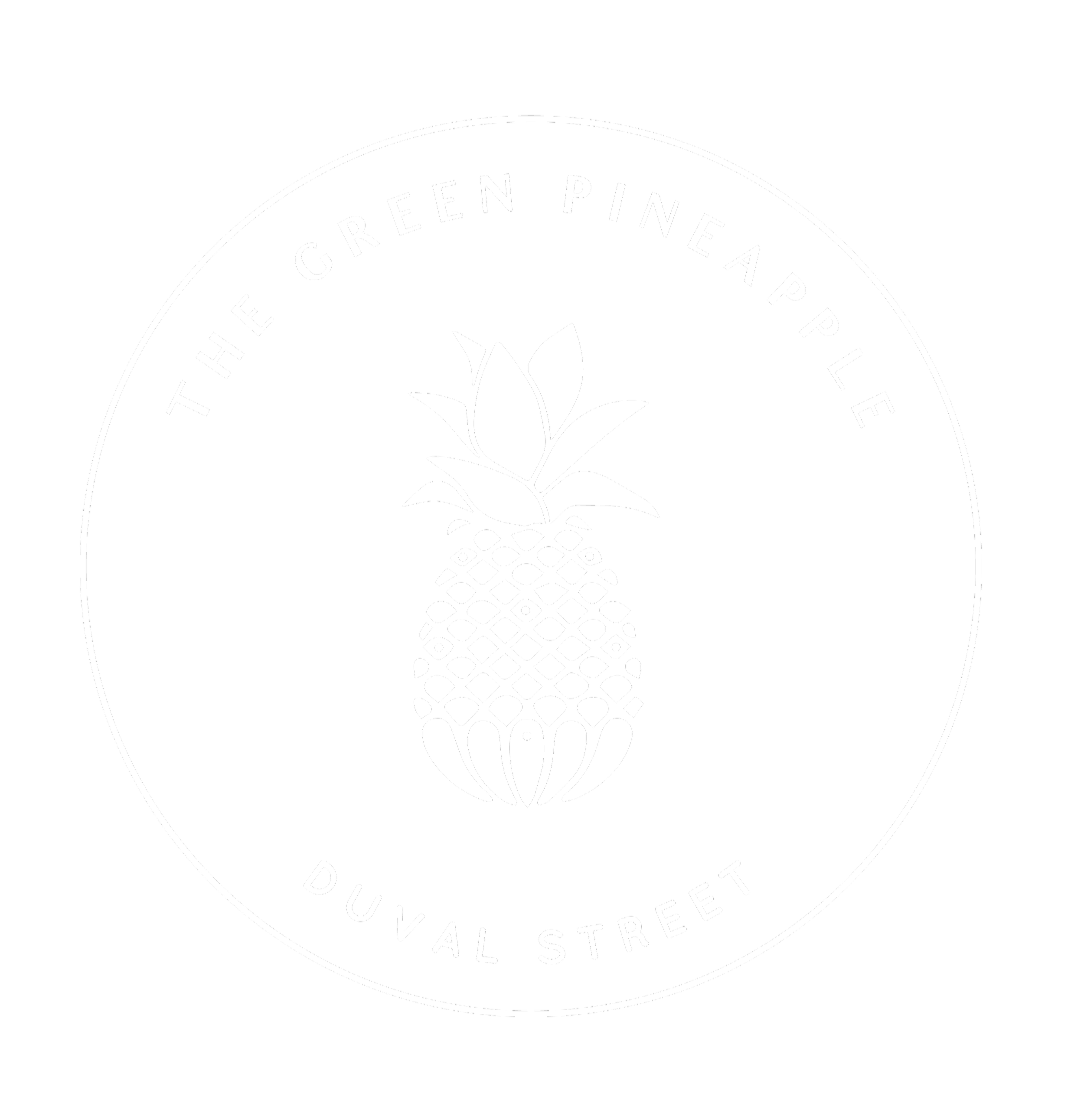 A black circular logo featuring a white pineapple with the text 'The Green Pineapple' at the top and 'Duvall Street' at the bottom.
