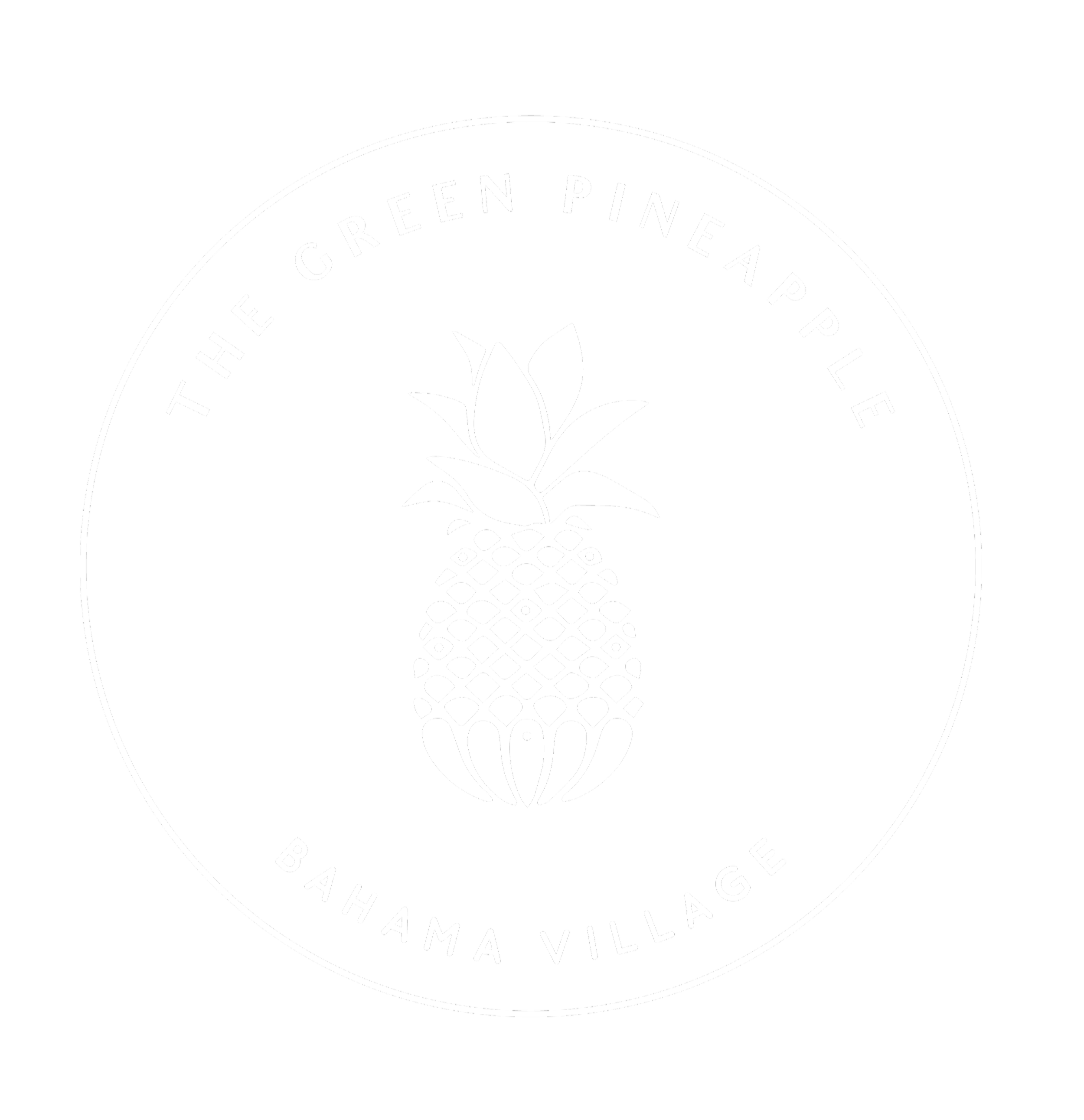 Black and white logo with a stylized pineapple in the center, surrounded by text that reads "The Green Pineapple Bahama Village."