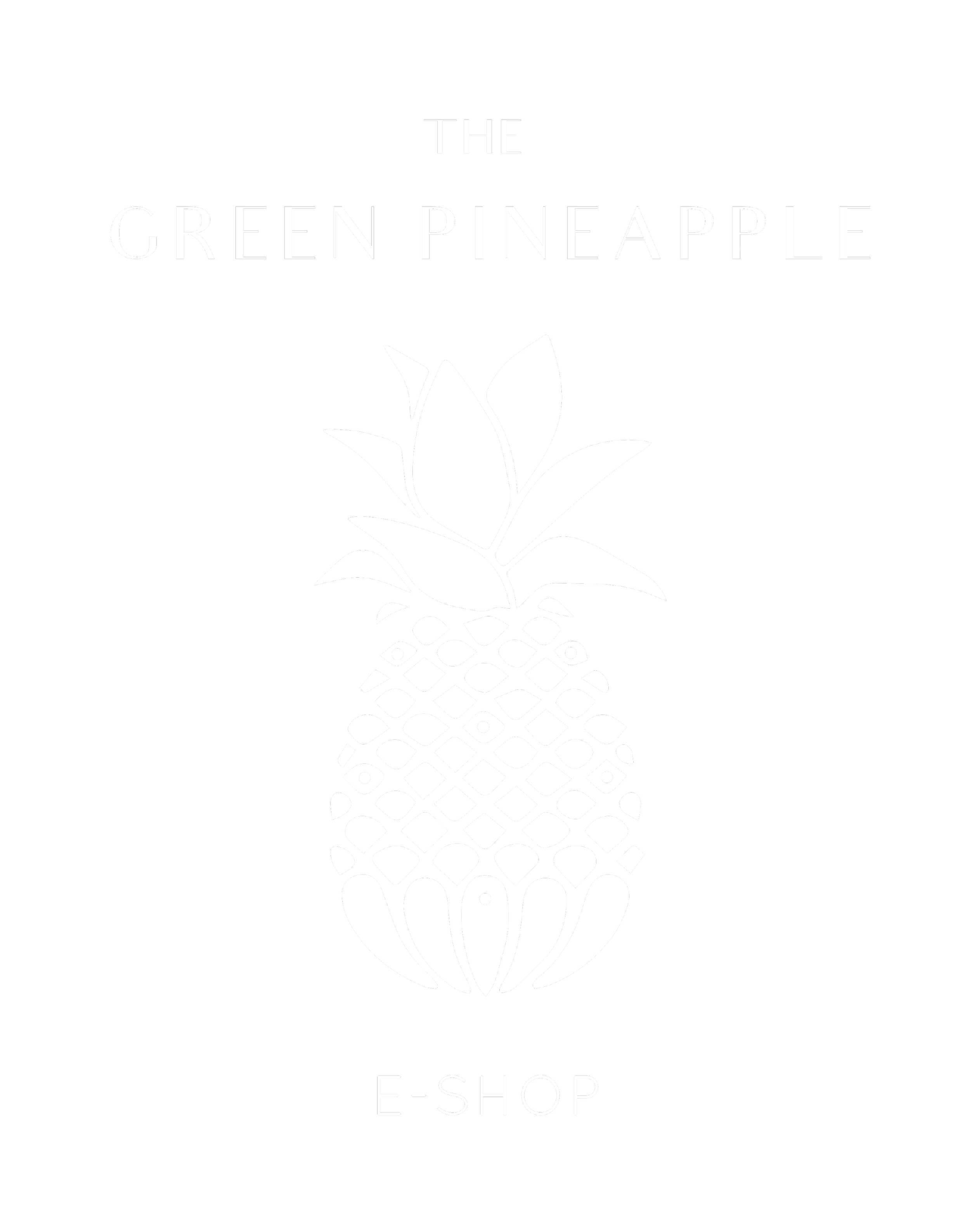 Black background with white text and an illustration of a pineapple with leaves on top. The text reads 'The Green Pineapple E-Shop'.