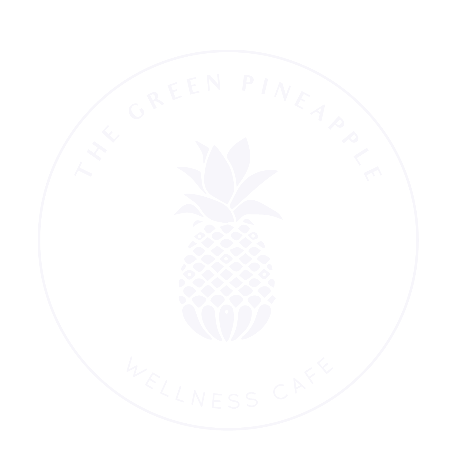 Logo with a white pineapple illustration in the center, surrounded by black background and white circular text reading 'The Green Pineapple Wellness Cafe'.