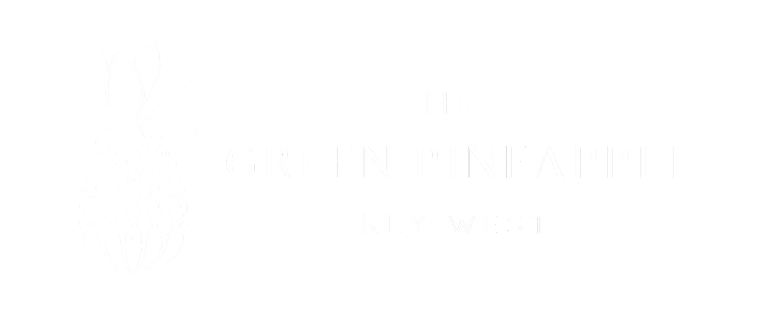 Black background with a white stylized pineapple on the left and the text 'The Green Pineapple, Key West' on the right.