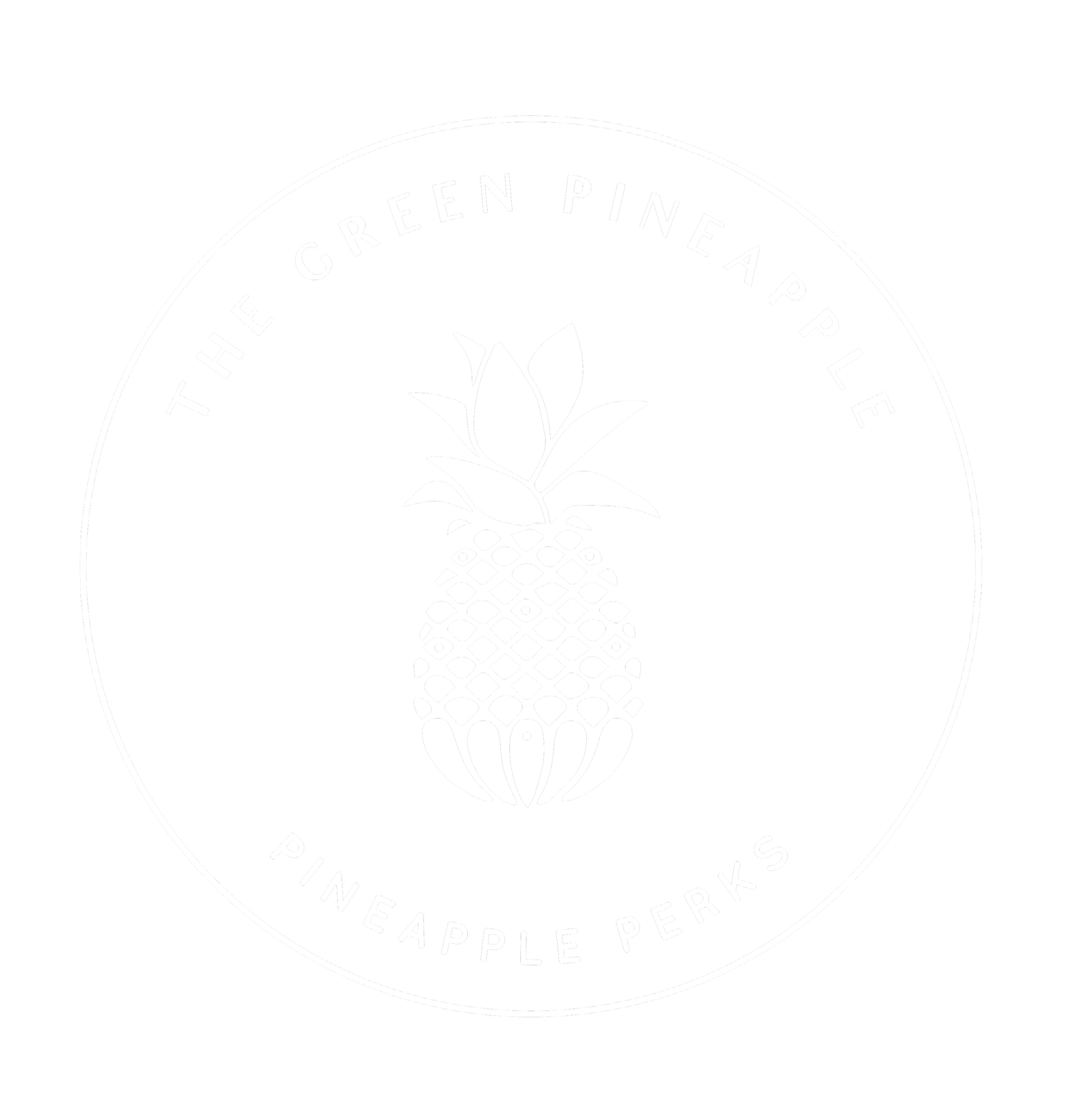 Logo featuring a stylized pineapple and circular text that reads 'The Green Pineapple' and 'Pineapple Perks' on a black background.