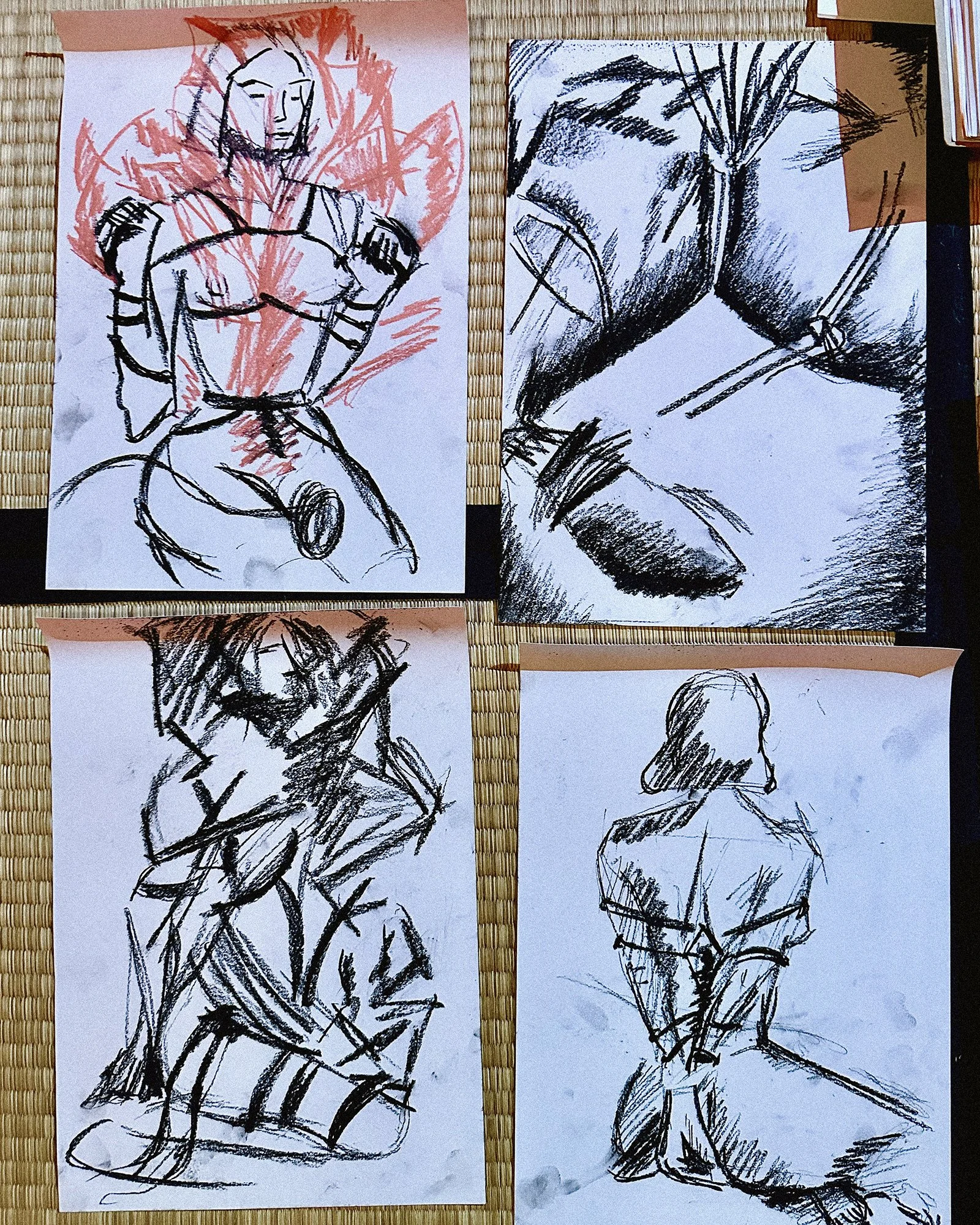Personal sketches and drawings created by participants during a live Shibari life drawing experience.